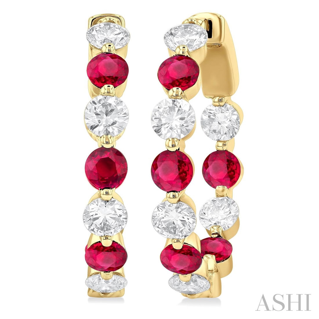 2.85mm Ruby & 1.06 ctw Diamond Inside-Out 14K Yellow Gold Hoop Earrings: Defining modern elegance, this stunning Inside-Out pair of earrings featuring Ruby, White Diamond captures the essence of style. Securely held in a classic Prong design, the earrings are forged from 4