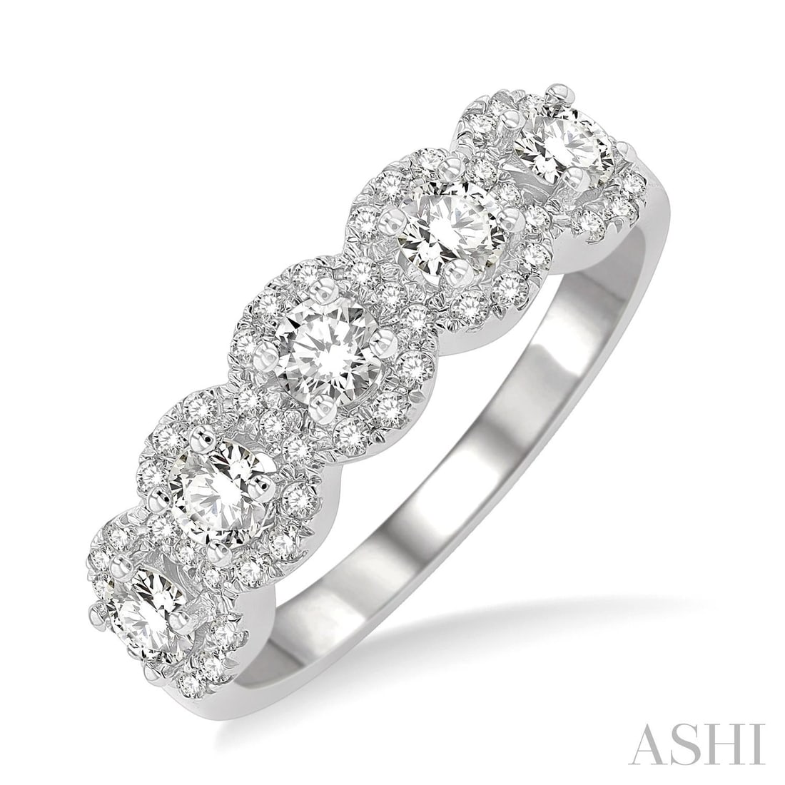 1.02 ctw Circular Halo Diamond 14K White Gold Wedding Band: Timeless and sophisticated, this elegant Halo ring featuring White Diamond radiates enduring beauty. Expertly mounted in a Halo setting, the ring is crafted in 4.45 grams of solid 14K White Gold. This