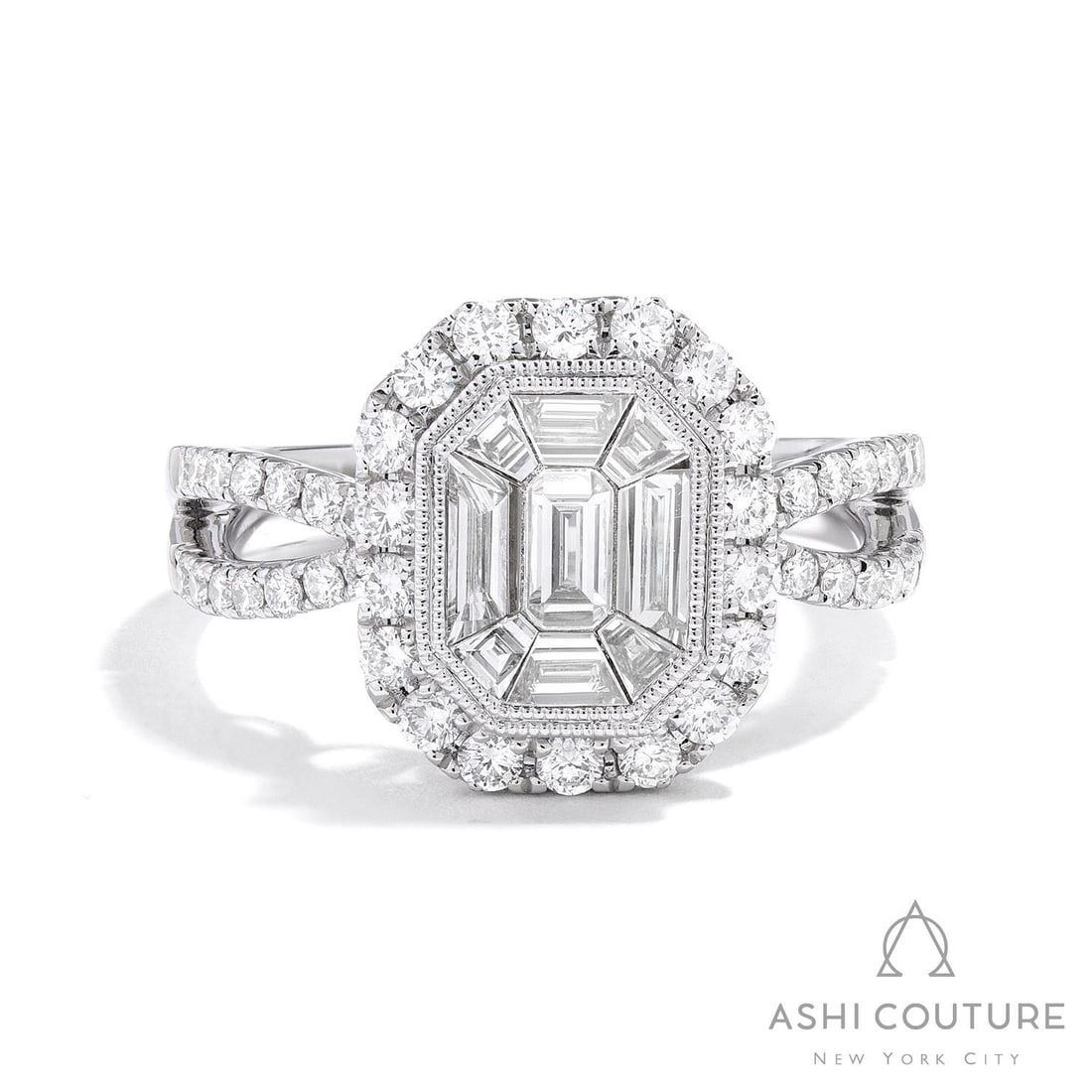 0.62ct Emerald and 0.62 ctw White Diamond 18K White Gold Ring: A symphony of light and color, this breathtaking Empress ring featuring Emerald, White Diamond embodies the pinnacle of luxury. Securely held in a classic Halo design, the ring is forged from 4.7 g of