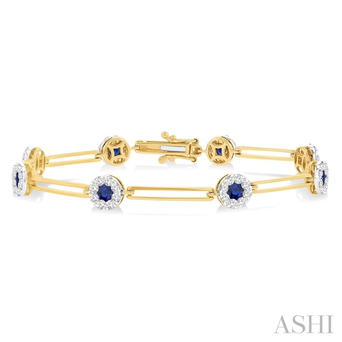 3mm Sapphire and 1.22 ctw Diamond Paperclip Cluster 14K Yellow & White Gold Bracelet: Exuding opulence and grace, this breathtaking Paperclip Cluster bracelet featuring Blue Sapphire, White Diamond is crafted for the distinguished. Crafted with precision, the Halo setting is seamlessly