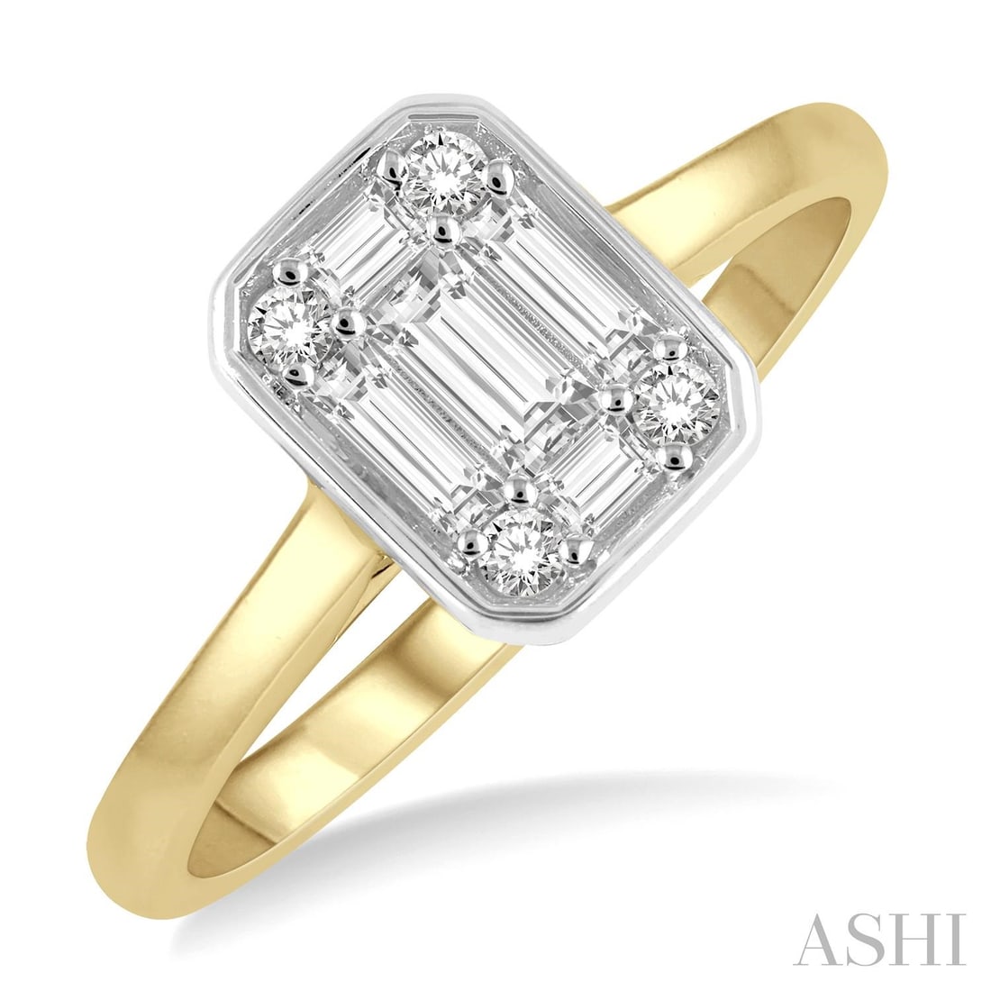0.57 ctw Octagonal Baguette & Round Diamond 14K Yellow/White Gold Ring: Epitomizing grandeur, this magnificent Octagonal Shape ring featuring White Diamond stands as a beacon of refined taste. A detailed Cluster gallery secures the stones, rendered in 2.75 grams of lustro