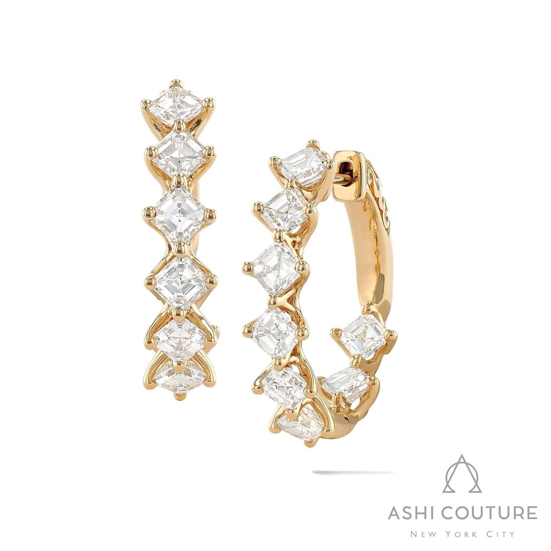 3.28 ctw Asscher Diamond 18K Yellow Gold Hoop Earrings: A vision of luxury, this stunning Asscher pair of earrings featuring Natural Diamonds defines sophistication. Securely held in a classic Hoop design, the earrings are forged from 7.45 grams of high-po