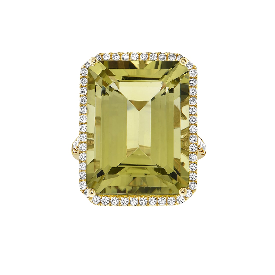 14K Yellow Gold Ring with 22.23 ctw Green Quartz and Halo Design: A testament to superior craftsmanship, this magnificent ring featuring a Green Quartz is unparalleled. A detailed halo of accent stones secures the central gem, rendered in 5.8 grams of lustrous 14K Y