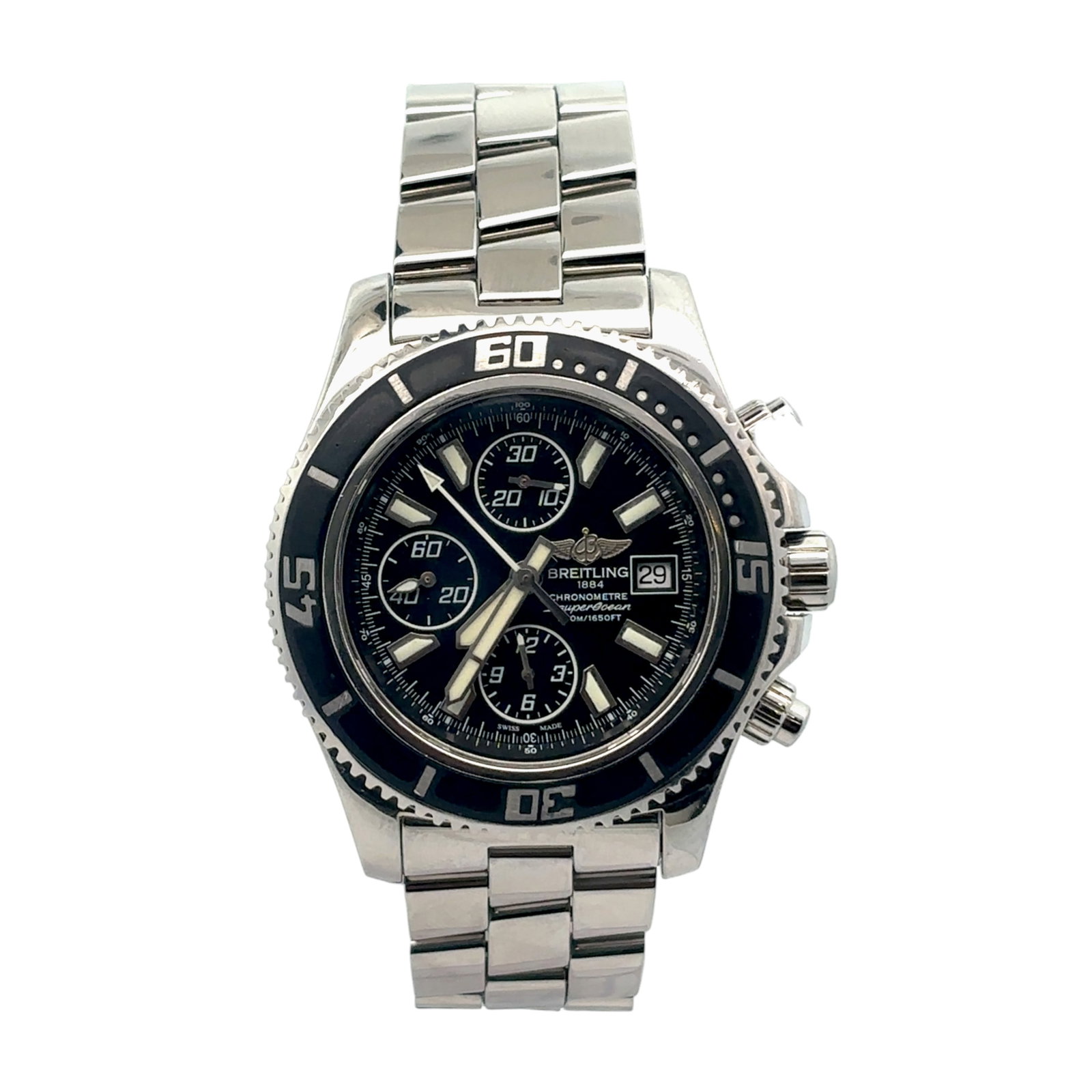 Breitling Superocean Chronograph II A1334102/BA82 Steel Black Dial: The Breitling Superocean Chronograph II, Reference A1334102/BA82, is a high-performance dive chronograph. Crafted from robust stainless steel, this timepiece features a black dial with luminous ma