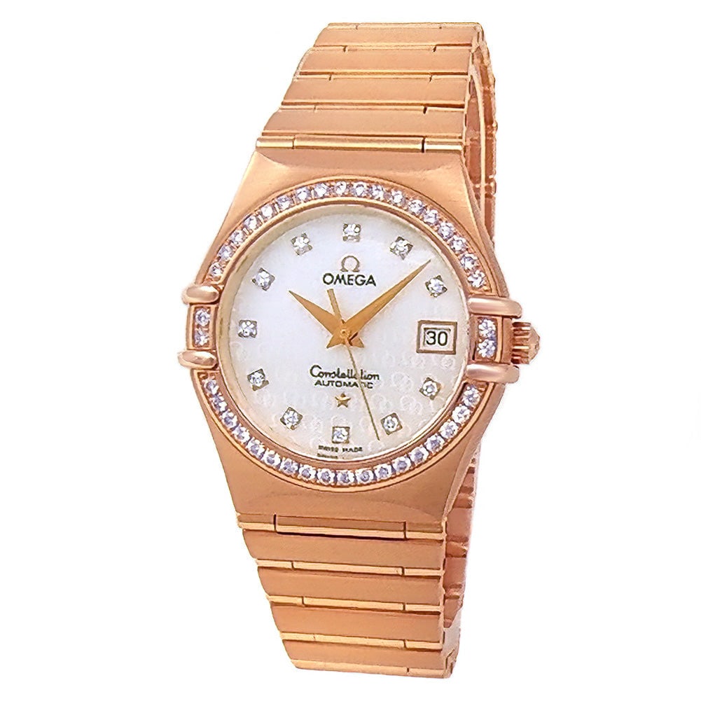 Omega Constellation 18k Rose Gold Mother of Pearl Diamond Dial: The Omega Constellation is a masterpiece of feminine elegance and horological precision. Crafted in stunning 18k rose gold, this magnificent timepiece features a luminous Mother of Pearl dial ador