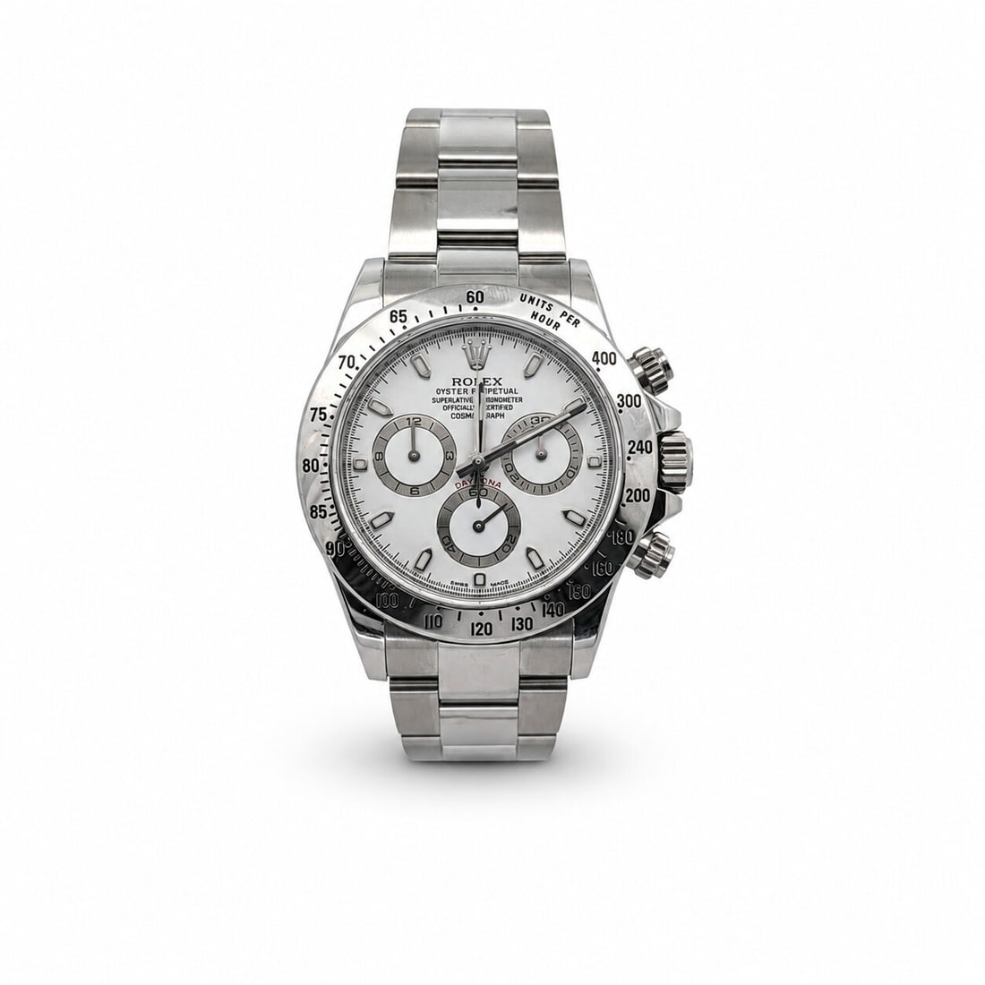 Rolex Daytona Cosmograph Stainless Steel 116520 40mm White Dial: The Rolex Cosmograph Daytona, Reference 116520, is a paragon of racing-inspired chronograph design. Executed entirely in stainless steel, the 40mm case and polished bezel with engraved tachymeter scal