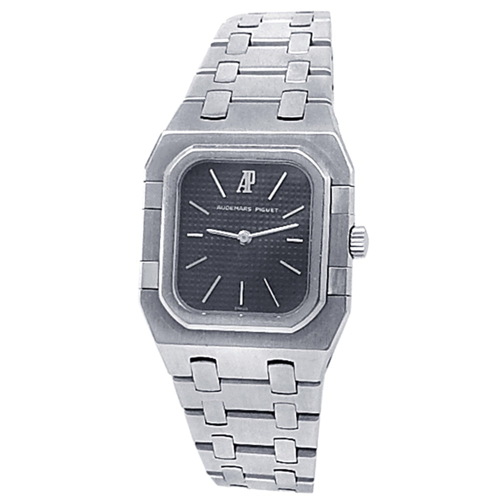 Audemars Piguet Vintage Stainless Steel Black Dial Ladies Watch: The Audemars Piguet Vintage ladies' timepiece is a classic example of sophisticated minimalism. Encased in durable stainless steel with a matching steel bezel, this watch features a striking black dia