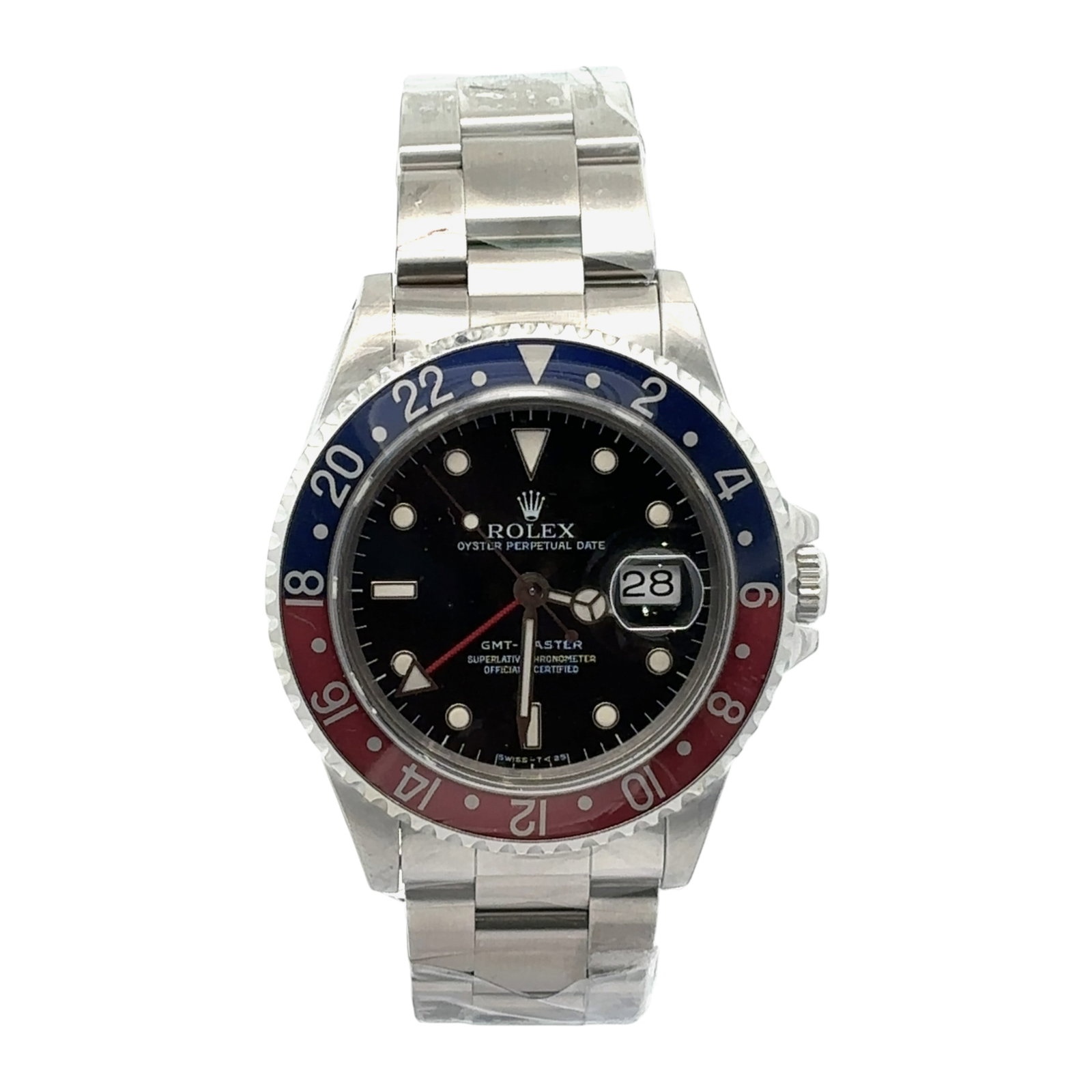 Rolex GMT-Master 16710 Stainless Steel Blue-Red Bezel Black Dial: The Rolex GMT-Master, Reference 16710, is an icon of horological functionality and style. Housed in a robust stainless steel case, this timepiece features a striking black dial that provides excel