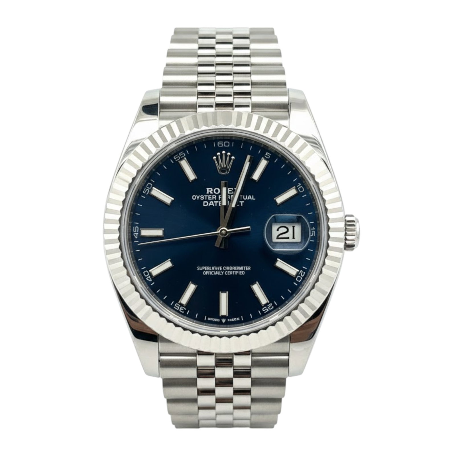 Rolex Datejust 126334 41mm Blue Dial Oyster Steel Band: The Rolex Datejust, Reference 126334, is a paragon of timeless design. Crafted from stainless steel, the 41mm Oyster case is perfectly proportioned, paired with a Blue dial that radiates a deep, s