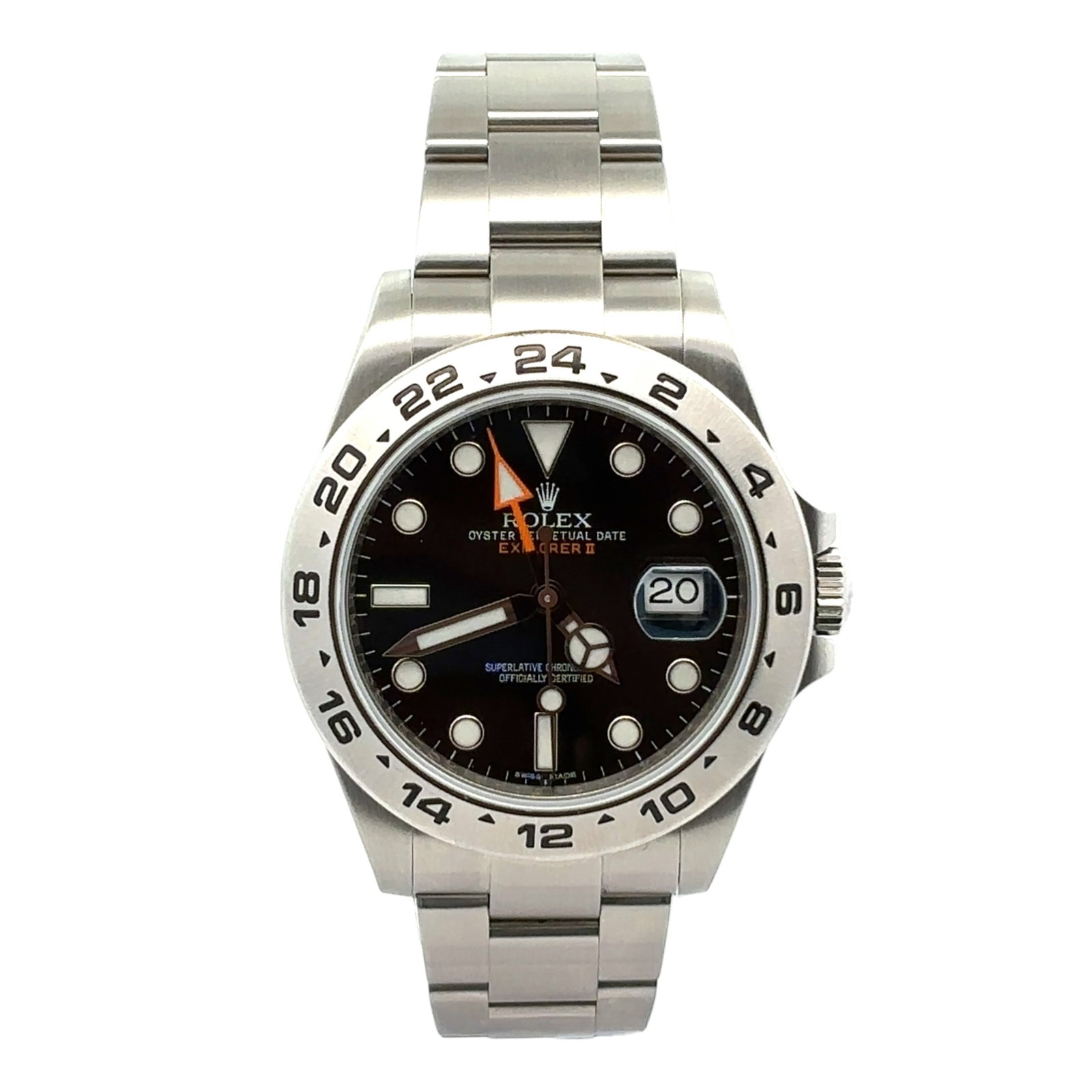 Rolex Explorer II 216570 Stainless Steel Black Dial Orange Hand Oyster Bracelet: The Rolex Explorer II, Reference 216570, is a robust and highly legible timepiece crafted from stainless steel. Its black dial features the iconic orange 24-hour hand and large luminescent hour ma