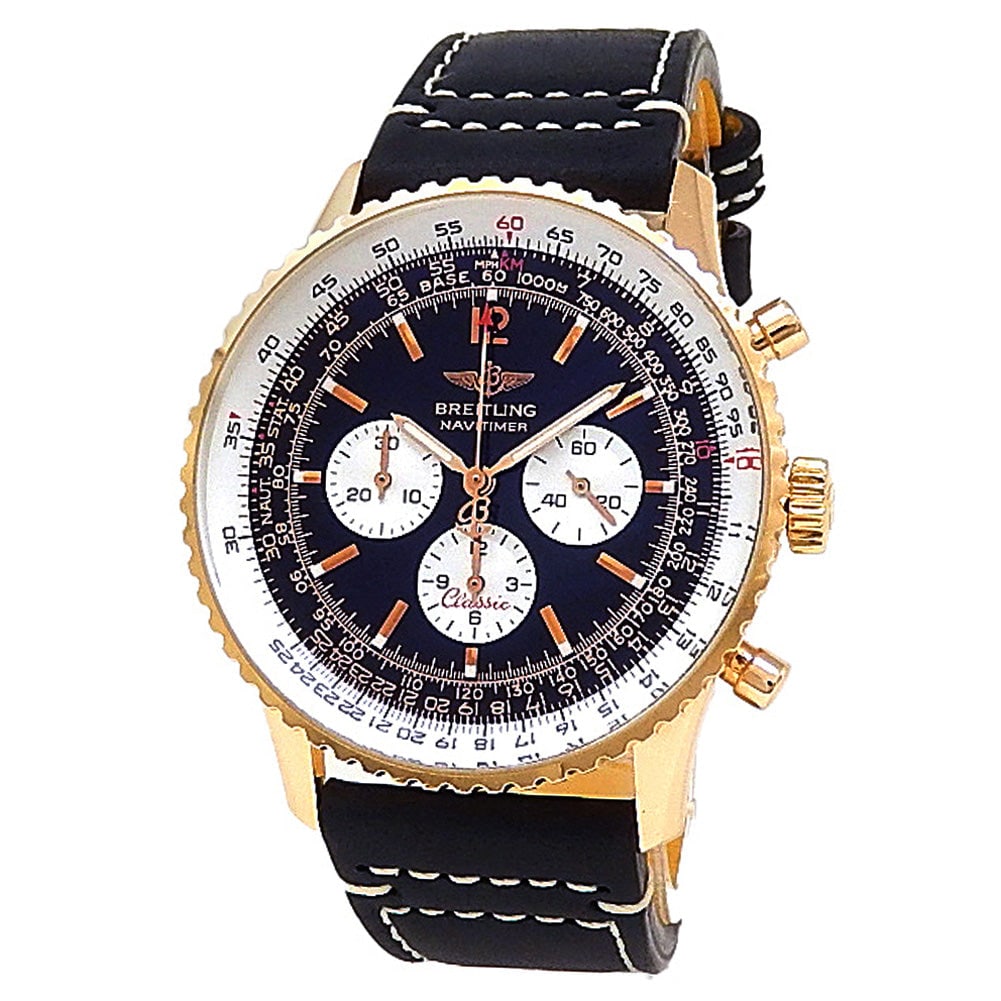 Breitling Navitimer H30330 18k Rose Gold Black Dial: The Breitling Navitimer, Reference H30330, is a timeless instrument of the skies, crafted in a sumptuous 18k rose gold case. The black dial provides a dramatic backdrop for the classic chronograph