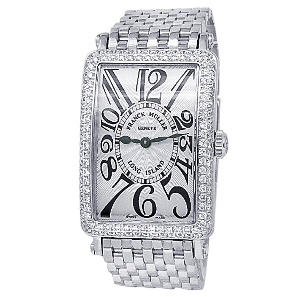 Franck Muller Long Island 950 QZ D 18k White Gold Silver Dial: The Franck Muller Long Island, Reference 950 QZ D, represents a captivating blend of elegant geometry and horological artistry. Crafted in 18k white gold, this exquisite ladies' timepiece features a s