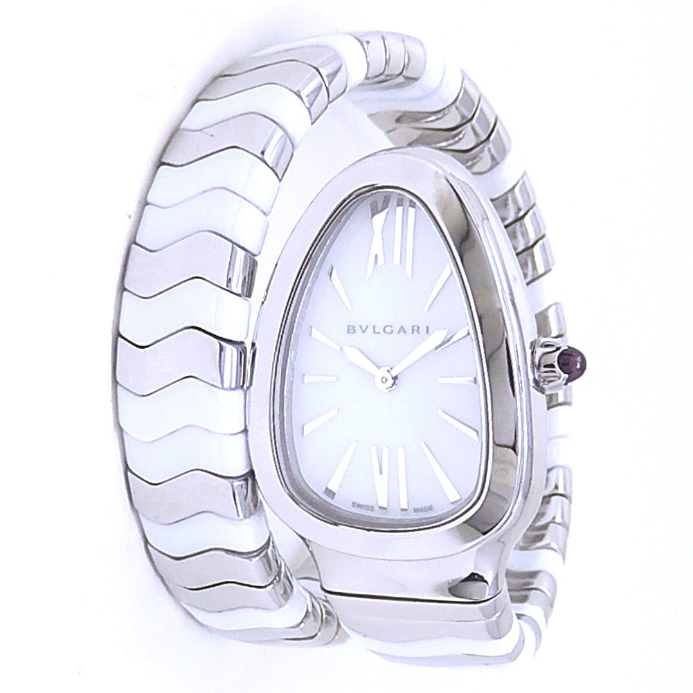 Bvlgari Serpenti Tubogas 102182 Stainless Steel White Dial: Bvlgari Serpenti Tubogas, Reference 102182, is an exquisite fusion of Italian elegance and innovative design. The watch features a polished Stainless Steel case that seamlessly integrates with the ico