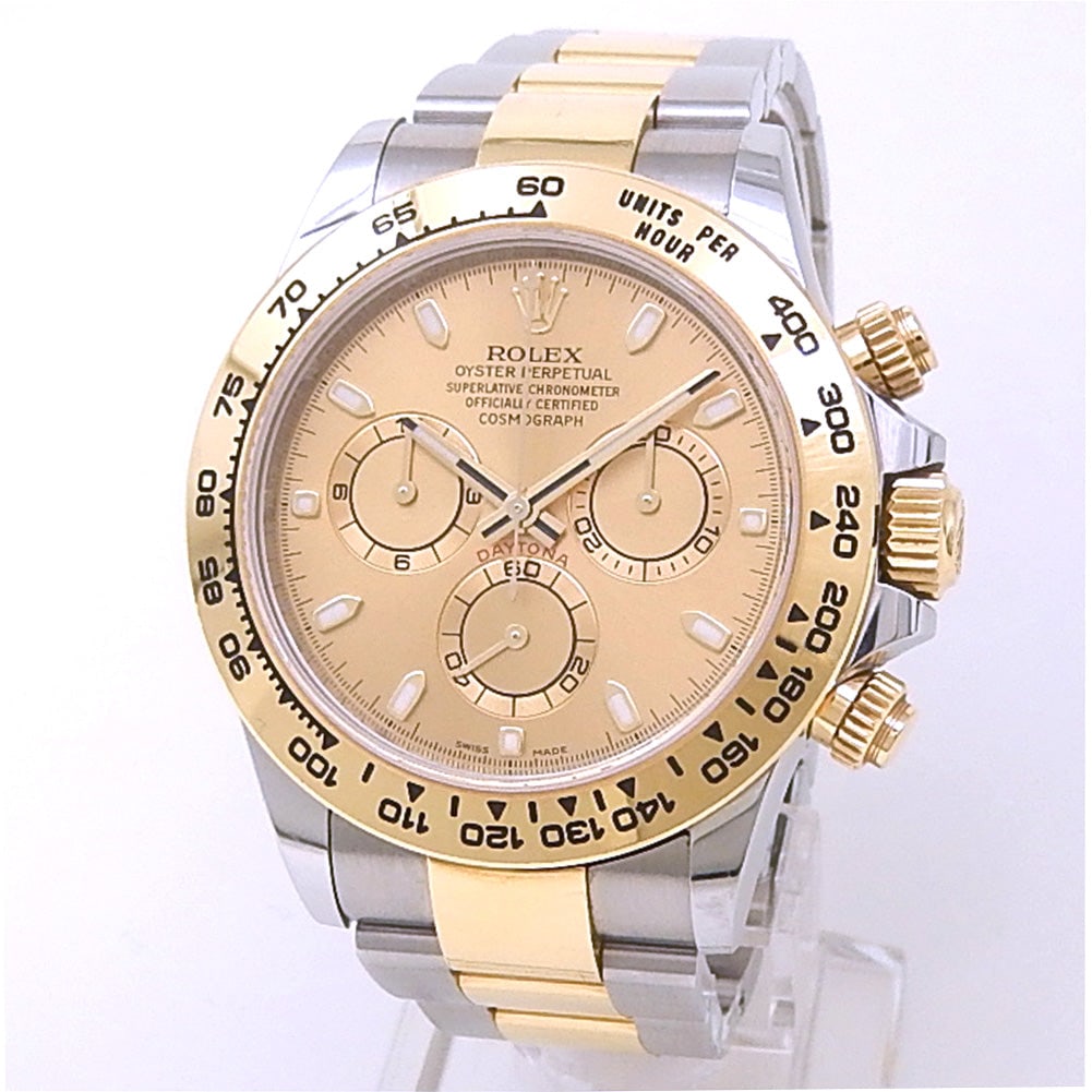 Rolex Daytona 116503 18k Yellow Gold & Stainless Steel Champagne Dial: The Rolex Cosmograph Daytona, Reference 116503, is a striking fusion of luxury and performance. Encased in 18K yellow gold and stainless steel, this two-tone timepiece features a radiant champagne dia