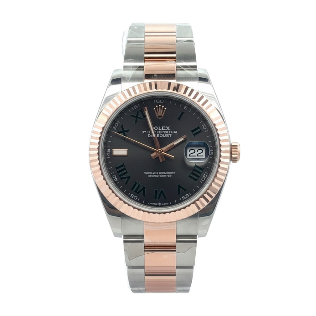 Rolex Datejust 41 126331 Two-Tone Rose Gold & Steel Wimbledon Grey Roman Dial: The Rolex Datejust 41, Reference 126331, showcases a masterful blend of precious metal and robust steel. Its two-tone construction harmoniously combines 18k rose gold on the fluted bezel and crown wit