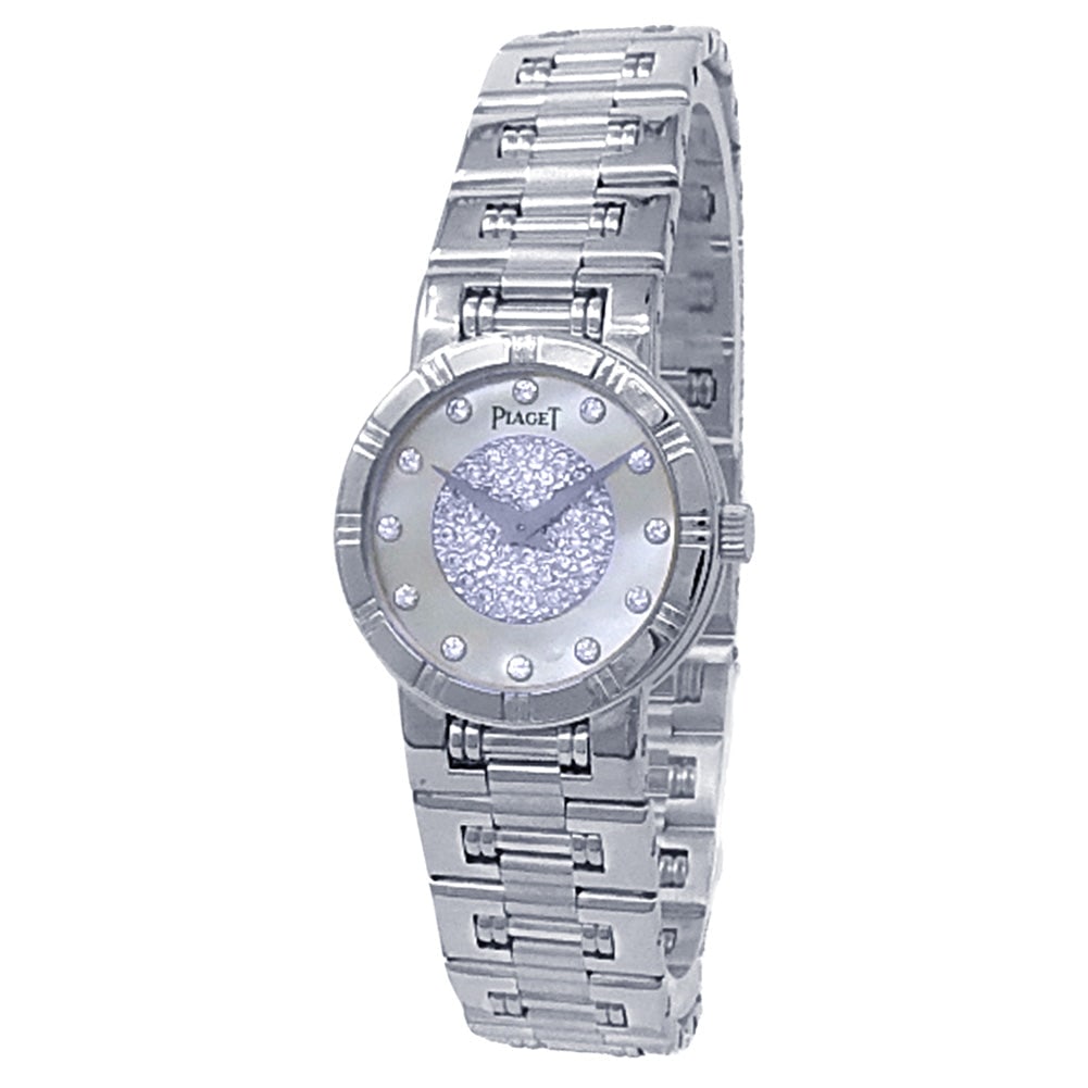 Piaget Dancer 90563 K81 18k White Gold Diamond Mother of Pearl Dial: The Piaget Dancer, Reference 90563 K81, represents a sublime marriage of fine jewelry and Swiss horological expertise. Crafted in exquisite 18k white gold, this elegant ladies' timepiece features a ca