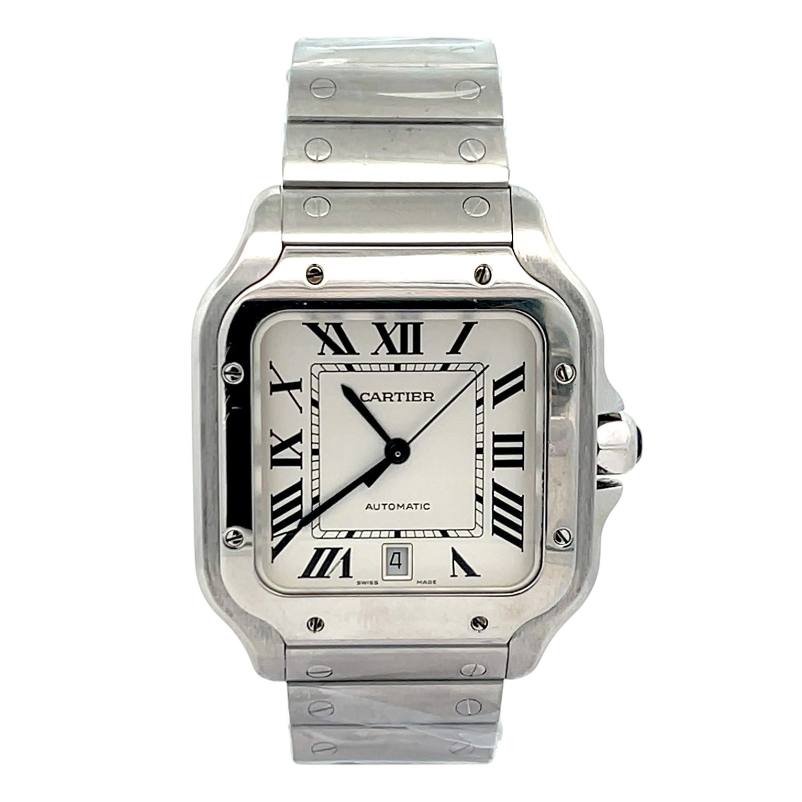 Cartier Santos WSSA0009 Stainless Steel Silver Roman Numeral Dial: The Cartier Santos, Reference WSSA0009, is a quintessential blend of elegance and functionality. Crafted in stainless steel, this timepiece features a striking silver dial adorned with classic Rom