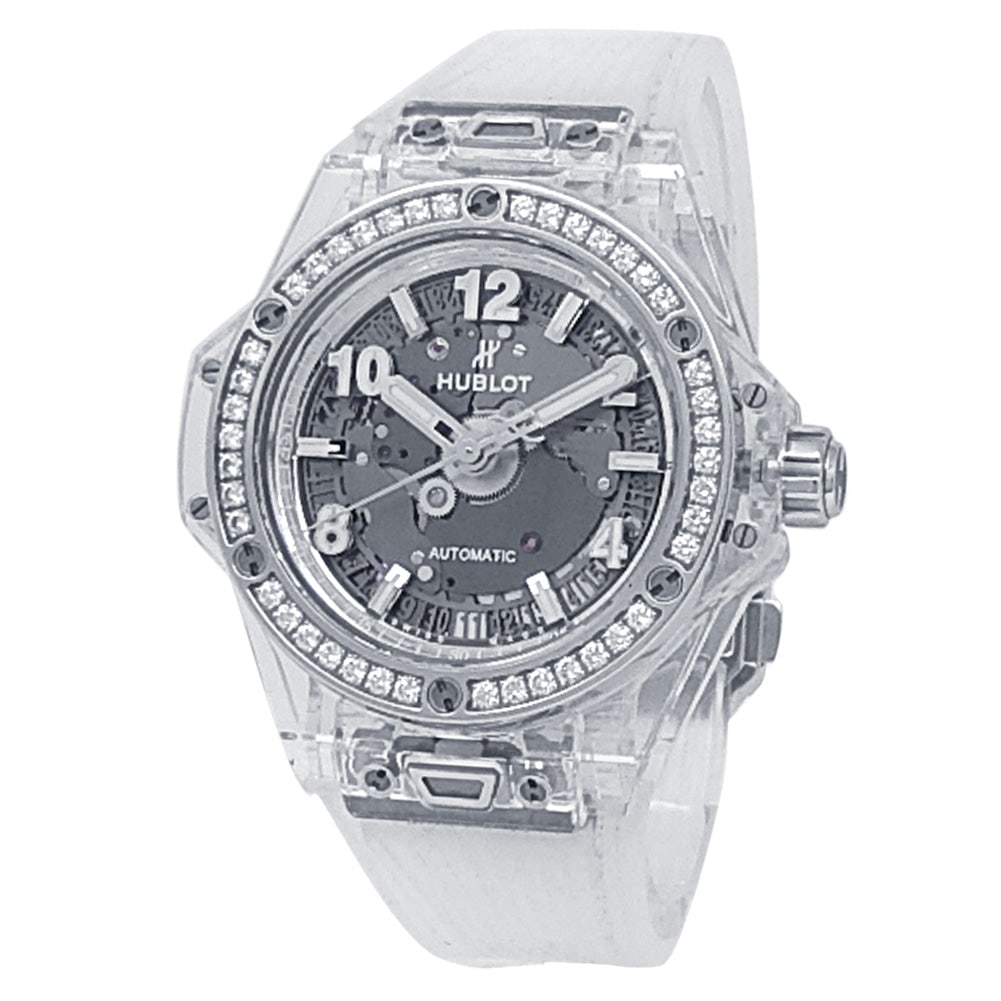 Hublot Big Bang One Click 465.JX.4802.RT.1204 Sapphire Skeleton Dial: The Hublot Big Bang One Click, Reference 465.JX.4802.RT.1204, is a breathtaking combination of avant-garde design and exquisite gem-setting. Crafted with a stunning 39mm polished sapphire crystal case