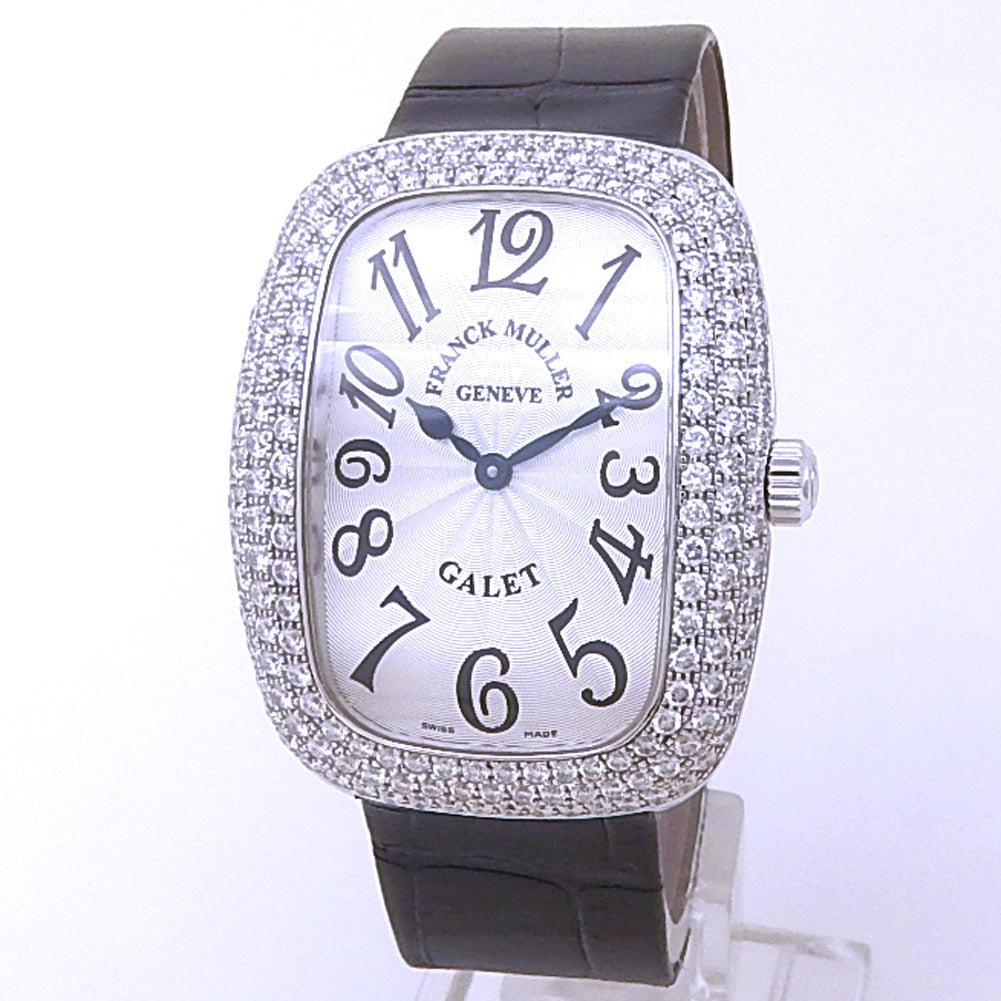 Franck Muller Galet 3002 M QZ V D3 18k White Gold Diamond Bezel Silver Dial: The Franck Muller Galet, Reference 3002 M QZ V D3, is a paragon of refined luxury and precise craftsmanship. Encased in a sumptuous 18k White Gold case, this elegant timepiece features a stunning Silv