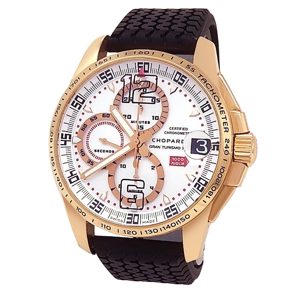 Chopard Mille Miglia Gran Turismo XL 161268-5003 18k Rose Gold Silver Dial: The Chopard Mille Miglia Gran Turismo XL, Reference 161268-5003, is a superb fusion of horological precision and classic racing heritage. Crafted in lustrous 18k rose gold, the commanding 44mm case fr