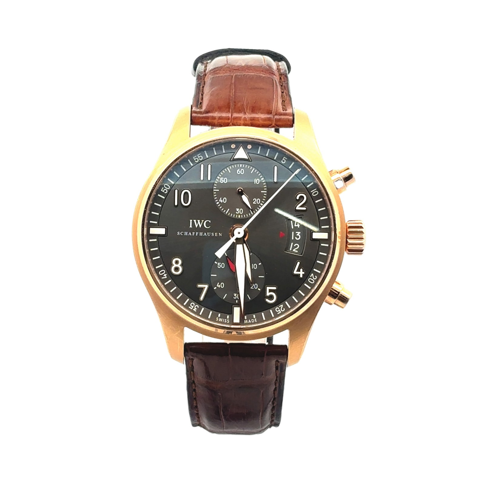 IWC Pilot Spitfire Chronograph IW387803 18K Rose Gold Slate Grey Dial: The IWC Pilot Spitfire Chronograph, Reference IW387803, is a distinguished aviation-inspired timepiece. Crafted in 18K rose gold, the 43mm case exudes a bold yet refined presence. The stunning slate g