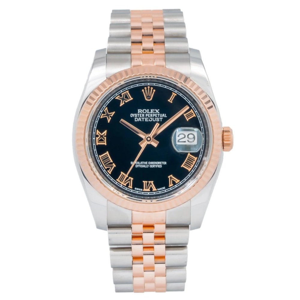 Rolex Datejust 36mm 116231 Steel Rose Gold Black Diamond Dial: The Rolex Datejust 36mm, Reference 116231, is a timeless blend of elegance and everyday luxury. Crafted in a harmonious combination of stainless steel and 18K Everose gold, this timepiece features a s