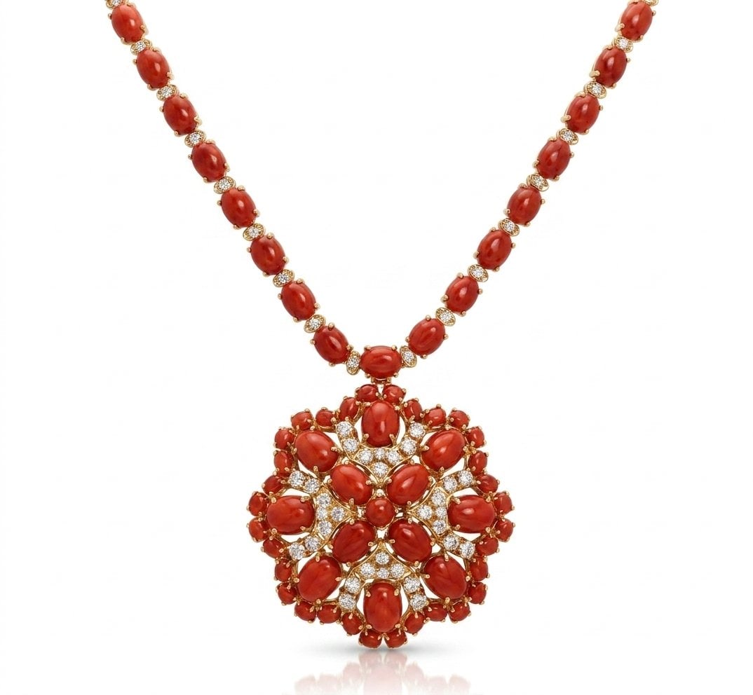 Coral and Diamond Necklace in 14K Yellow Gold (1 of 6)