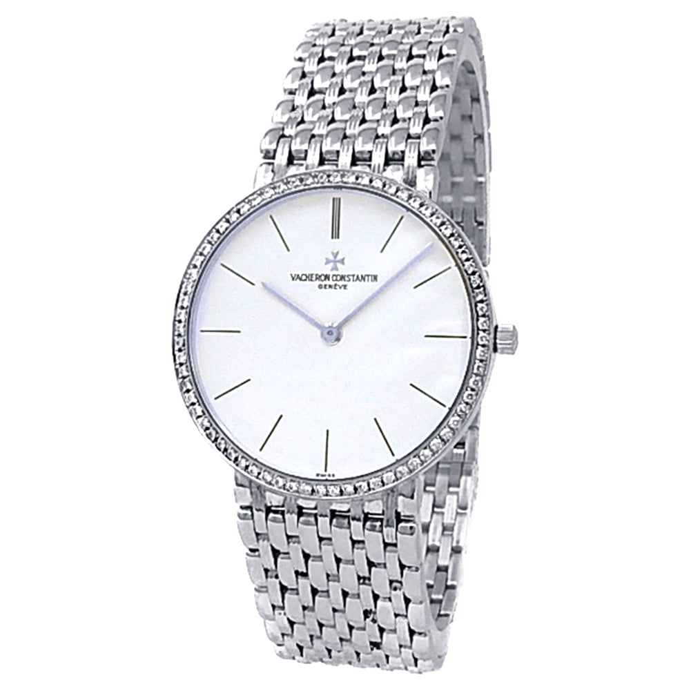 Vacheron Constantin Vintage 18k White Gold White Dial Diamond Bezel: The Vacheron Constantin Vintage is an exquisite expression of premium luxury and classic horology. Masterfully crafted in 18k white gold, this beautiful timepiece features a brilliant white dial e