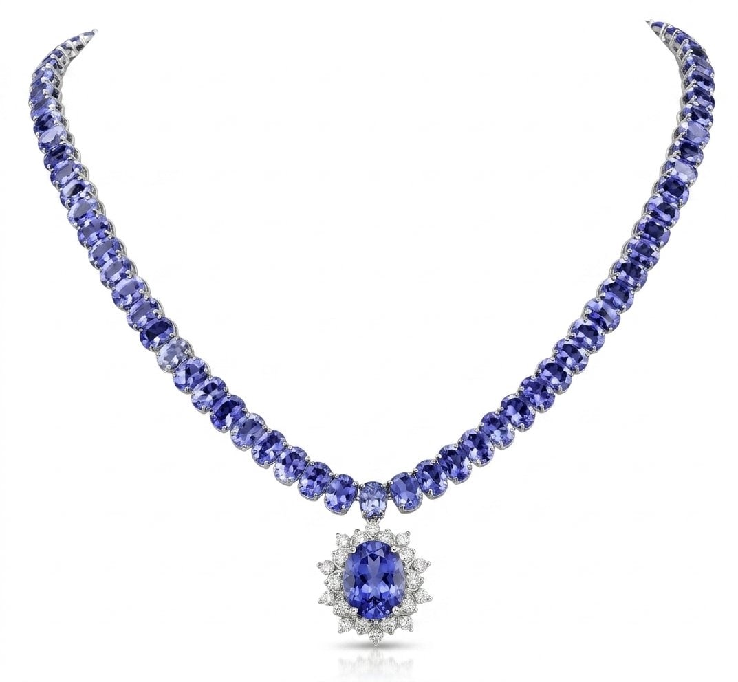 Tanzanite and Diamond Necklace in 14K White Gold: Featured Collection: The Kelly Christie Collection Exclusively Curated By: Serenity Gallery The Kelly Christie Collection crafts heirloom-quality masterpieces designed not just to adorn, but to captur