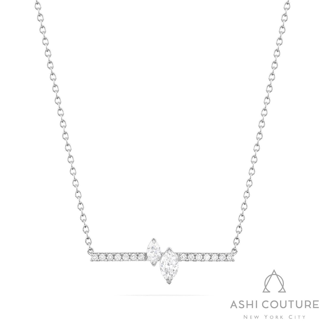 0.80 ctw Marquise & Round Diamond 18K White Gold Necklace: Exuding opulence and grace, this breathtaking Paradox Floating necklace featuring White Diamond is crafted for the distinguished. A detailed Bar gallery secures the stones, rendered in 1.15 grams of l