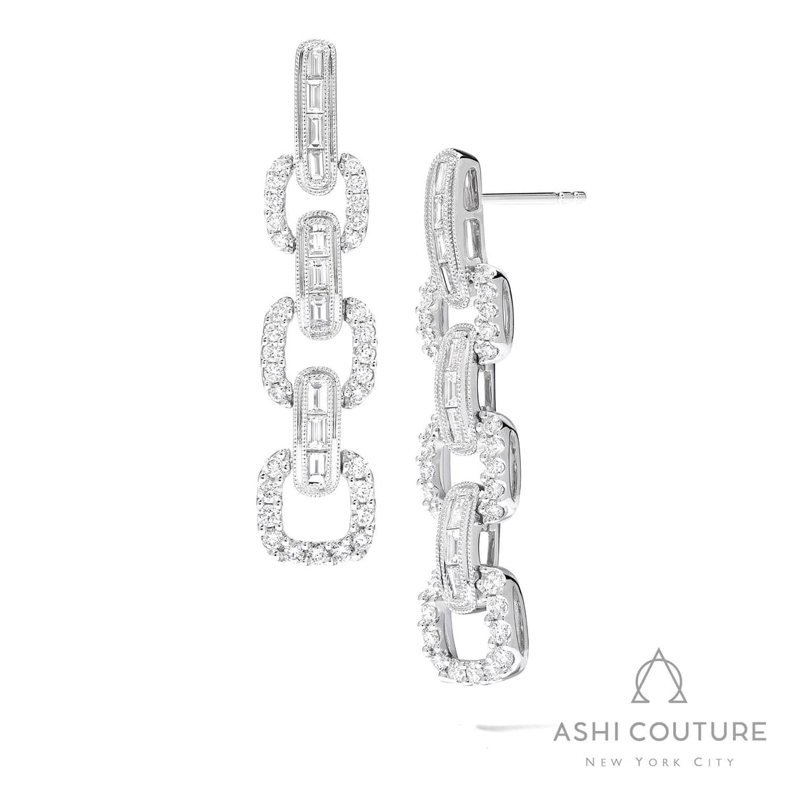1.53 ctw Baguette & Round Diamond 18K White Gold Link Earrings: Retail Value: $12,165 Captured in a moment of brilliance, this magnificent Link pair of earrings featuring Natural Diamonds speaks to the connoisseur. Showcasing the gems in a Drop arrangement, the ea