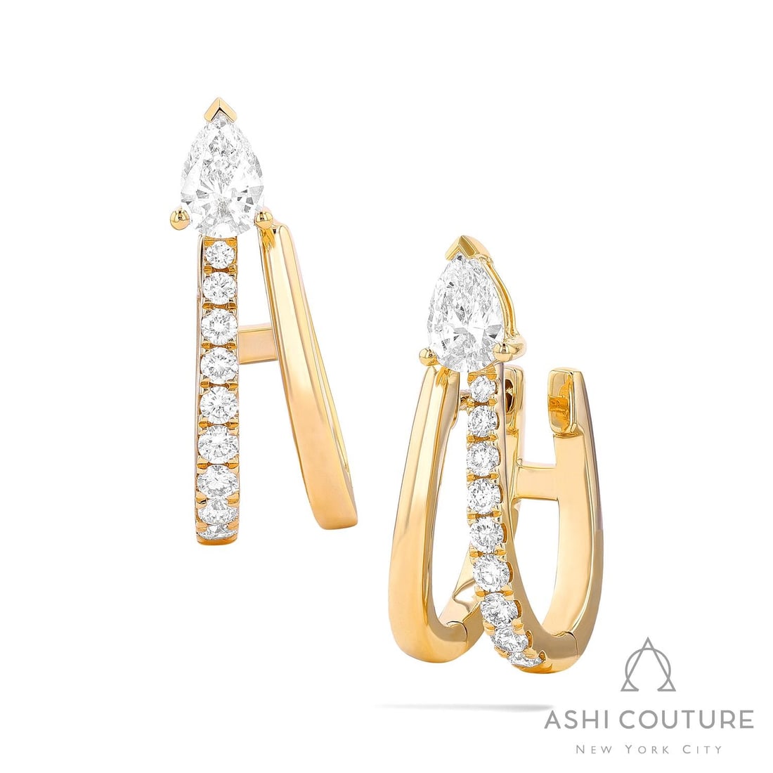 0.60 ctw Paradox Pear Diamond 18K Yellow Gold Earrings: Retail Value: $5,310 Exuding opulence and grace, this stunning Paradox Pear pair of earrings featuring White Diamond is crafted for the distinguished. A detailed Double Half Hoop gallery secures the s