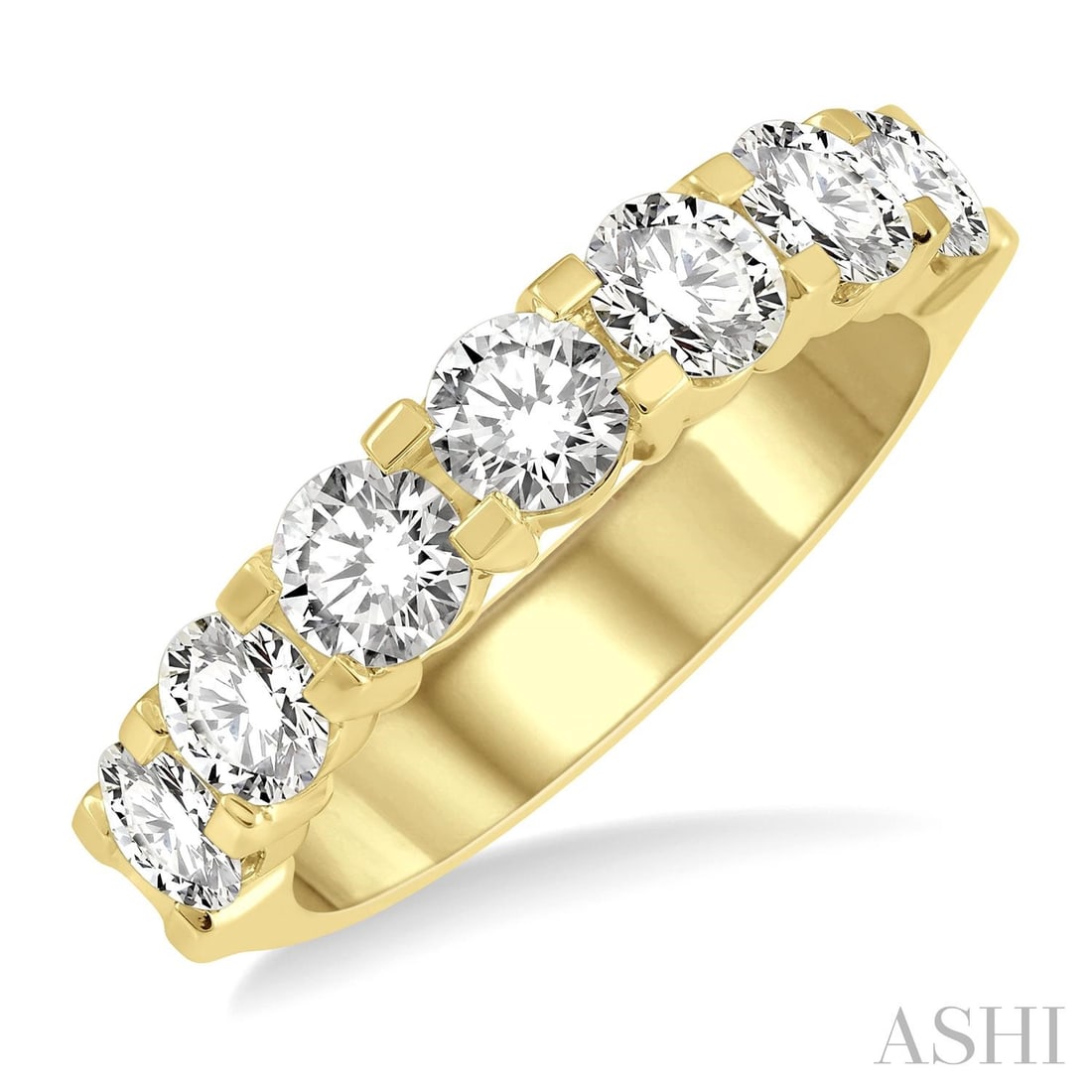 1.47 ctw 7-Stone Round Diamond Wedding Band 14k Yellow Gold: Captured in a moment of brilliance, this stunning 7 Stone ring featuring White Diamond speaks to the connoisseur. The gemstones are nestled within a Shared Prong Band framework, supported by a substan