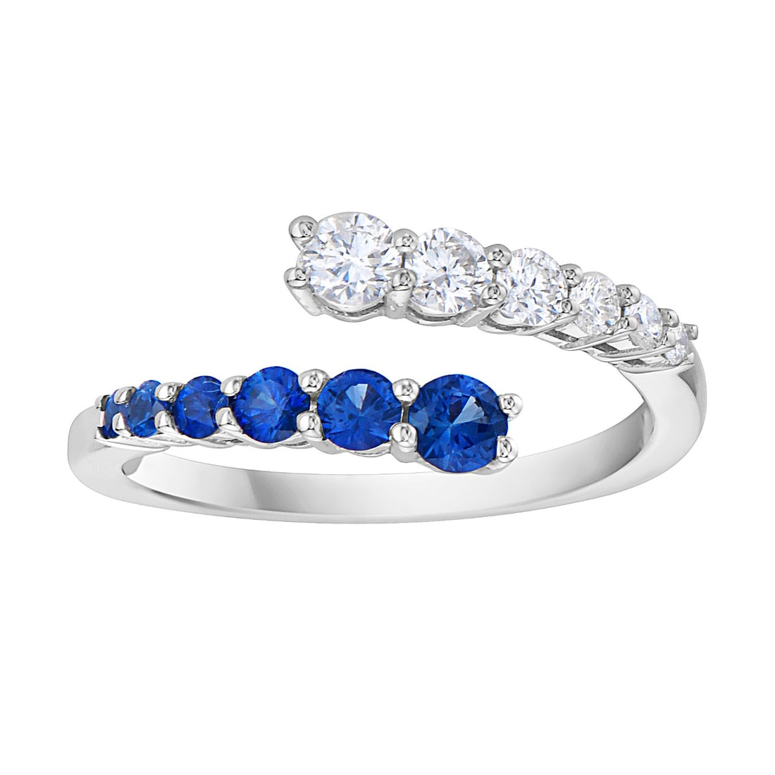 14k White Gold Ring with Blue Sapphires and White Diamonds: Exuding contemporary sophistication, this exquisite ring features a captivating interplay of gemstones. The design showcases round blue sapphires, totaling 0.43 carats, elegantly paired with round whi