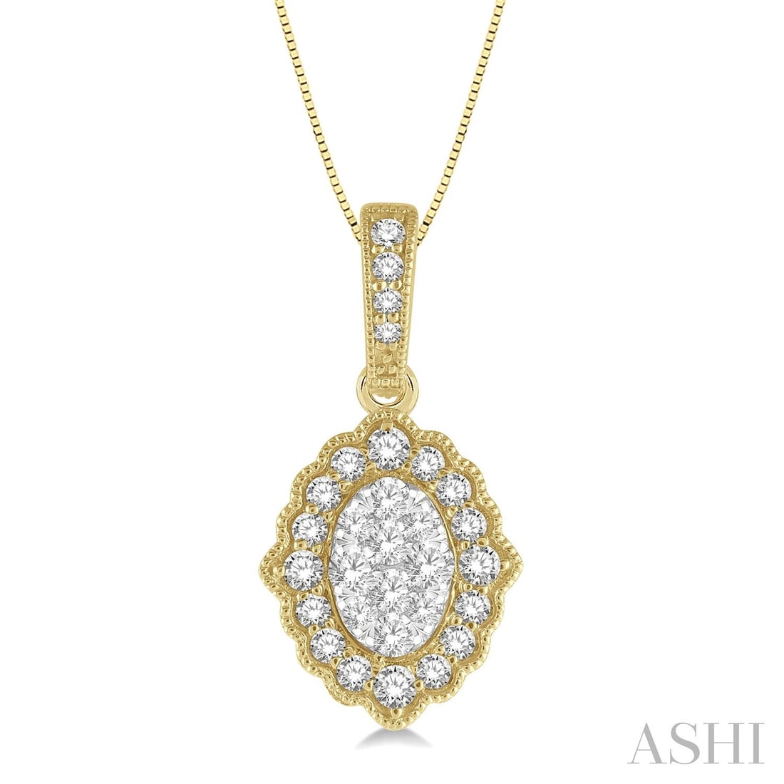 0.28 ctw Cluster Diamond Lattice Edge 14K Yellow & White Gold Pendant: An exquisite masterpiece of haute joaillerie, this breathtaking Lattice Edge Oval Cluster pendant featuring White Diamond is a true treasure. Showcasing the gems in a Halo arrangement, the pendant con