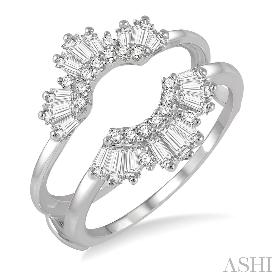 0.66 ctw Arched Baguette & Round Diamond Insert Ring 14K White Gold: Captured in a moment of brilliance, this magnificent Arched ring featuring Natural Diamonds speaks to the connoisseur. Securely held in a classic Insert design, the ring is forged from 3.1 grams of hi