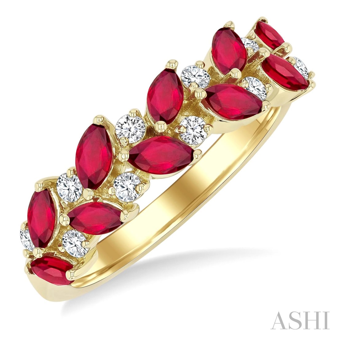4x2mm Ruby and 0.20 ctw Diamond 14K Yellow Gold Band Ring: Epitomizing grandeur, this magnificent Leafy Marquise design ring featuring Ruby, White Diamond stands as a beacon of refined taste. Crafted with precision, the Garland/Cluster Band setting is seamles