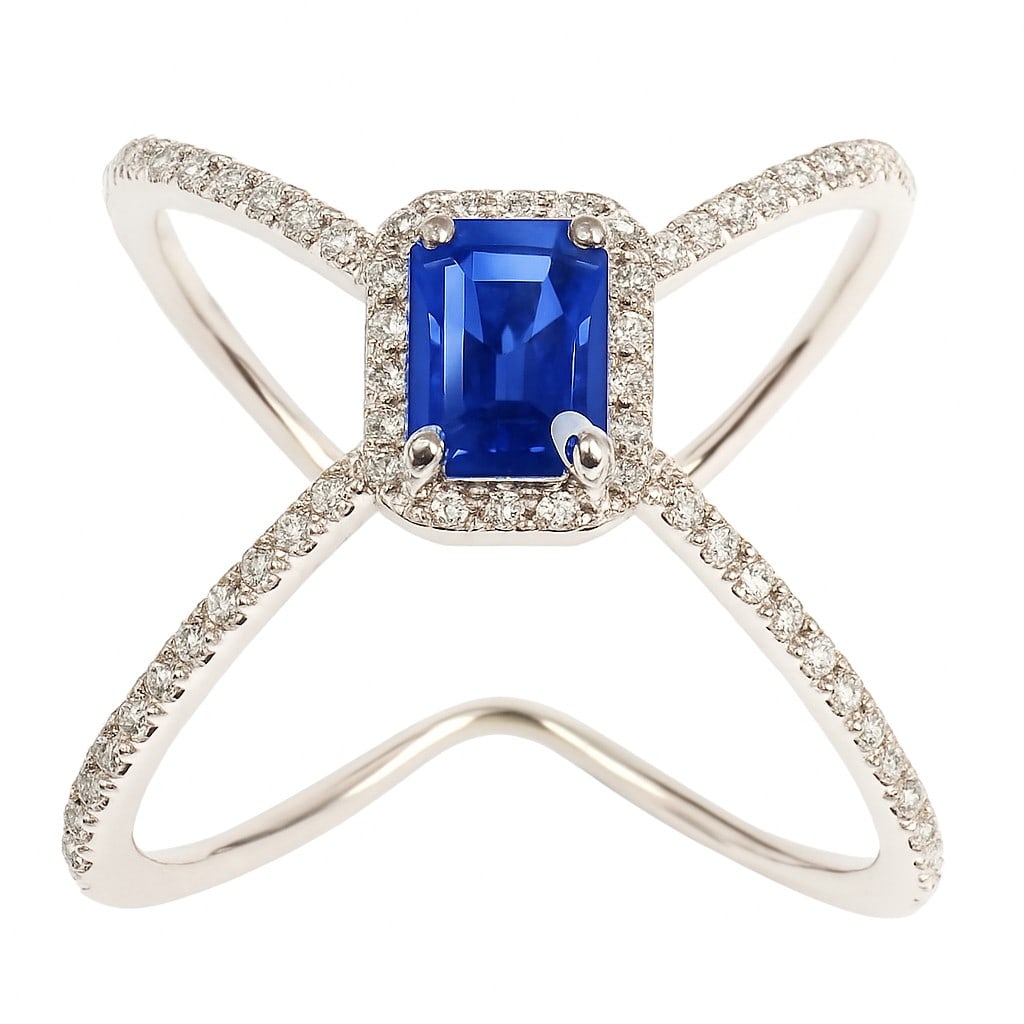 0.95ct Emerald Cut Sapphire and 0.36ctw Diamond 14K White Gold Ring: Defining modern elegance, this elegant Halo ring featuring Sapphire, White Diamond captures the essence of style. Expertly mounted in a Halo setting, the ring is crafted in 3.38 grams of solid 14K Whi