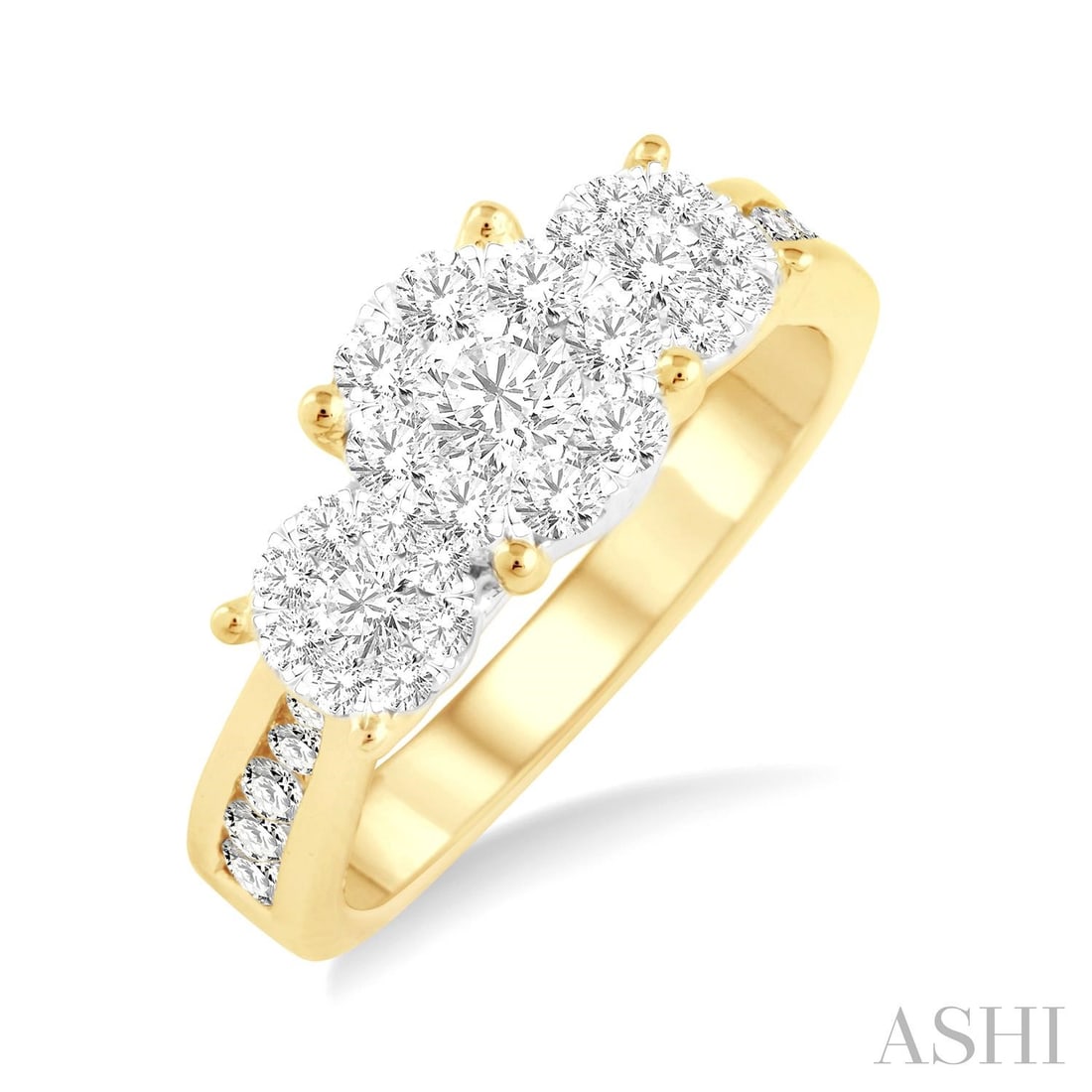 0.76 ctw Cluster Round Diamond Three-Stone 14K Yellow & White Gold Ring: A vision of luxury, this magnificent Cluster Three-Stone ring featuring Natural Diamonds defines sophistication. Securely held in a classic Three-Stone design, the ring is forged from 3.25 grams of hi