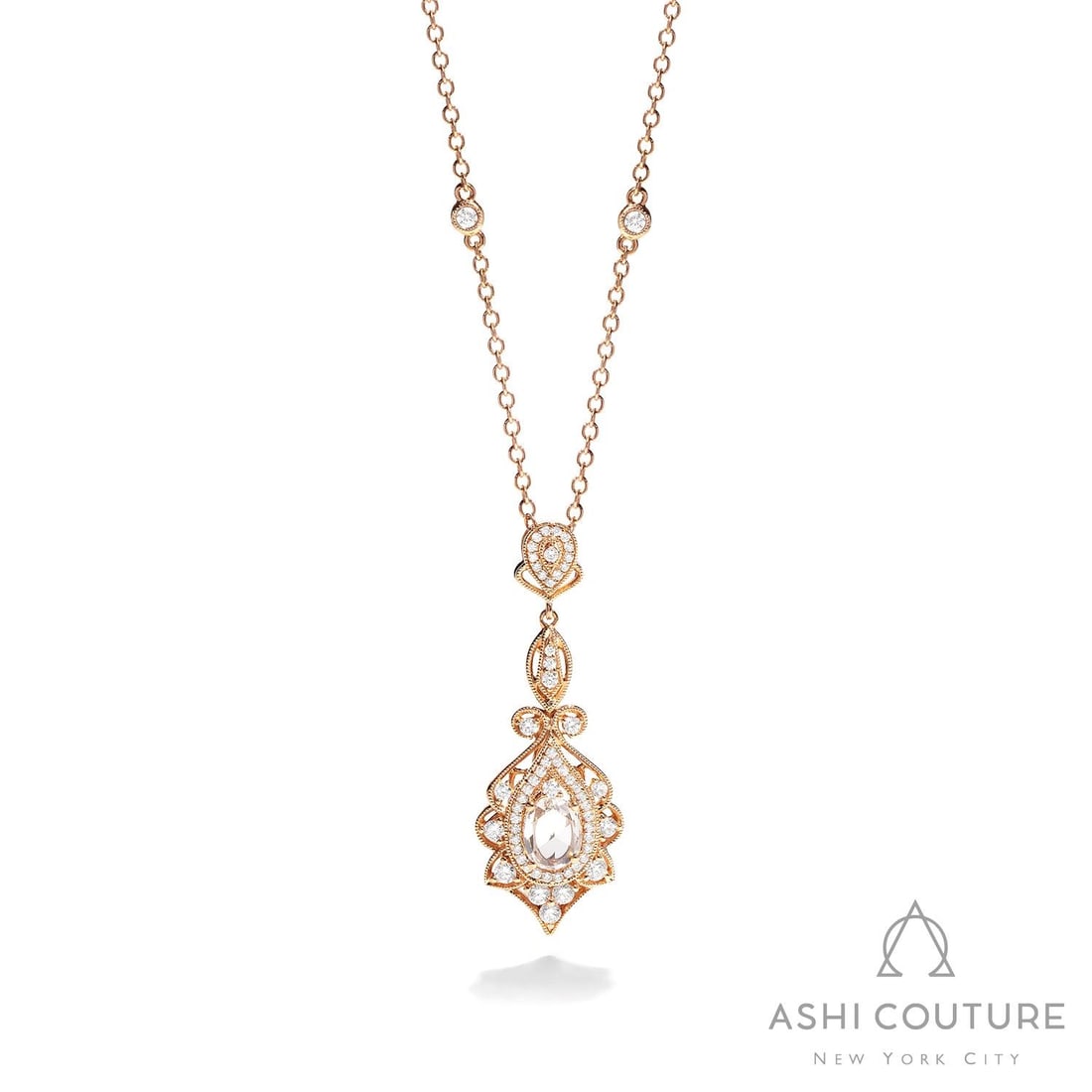Mademoiselle 1.37 ctw Diamond Floral 18K Rose Gold Pendant Necklace: Rare and radiant, this stunning Floral necklace featuring White Diamond offers a touch of the extraordinary. A detailed Drop/Dangle gallery secures the stones, rendered in 3.7 grams of lustrous 18K Ro