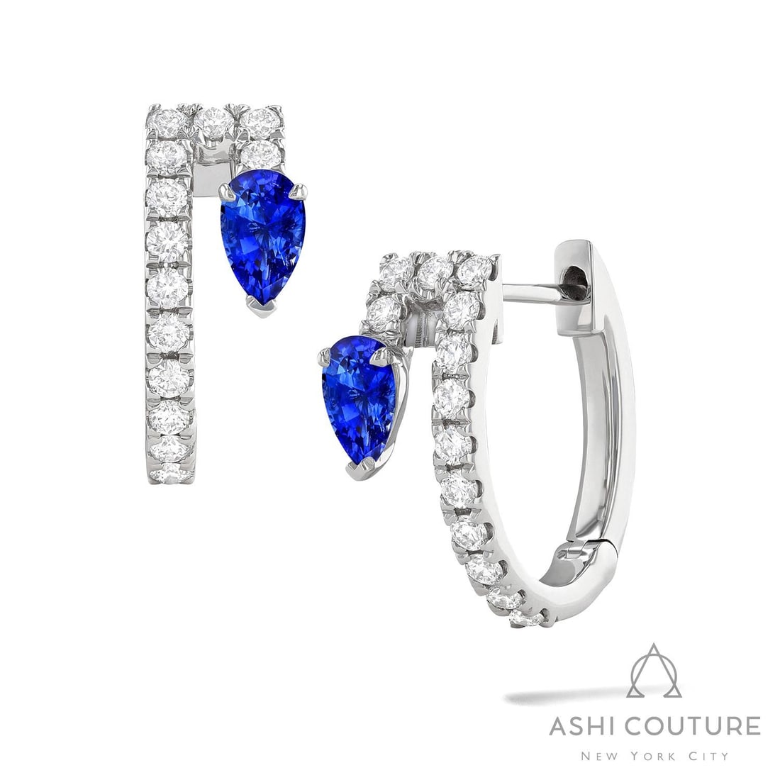 0.40 ctw Diamond & Blue Sapphire Pear Hoop 18k White Gold Earrings: Retail Value: $4,020 Exuding opulence and grace, this exquisite Pear Hoop pair of earrings featuring Blue Sapphire, White Diamond is crafted for the distinguished. The gemstones are nestled within a H