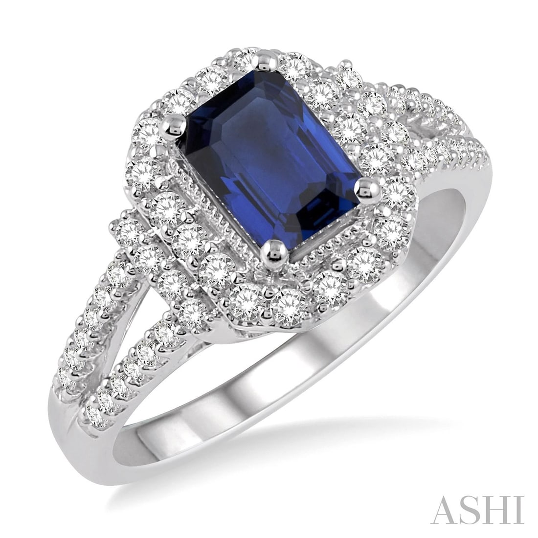7x5mm Blue Sapphire and 0.51 ctw Diamond 14K White Gold Ring: Timeless and sophisticated, this magnificent Emerald Shape ring featuring Blue Sapphire, White Diamond radiates enduring beauty. Expertly mounted in a Halo setting, the ring is crafted in 6.0 grams of