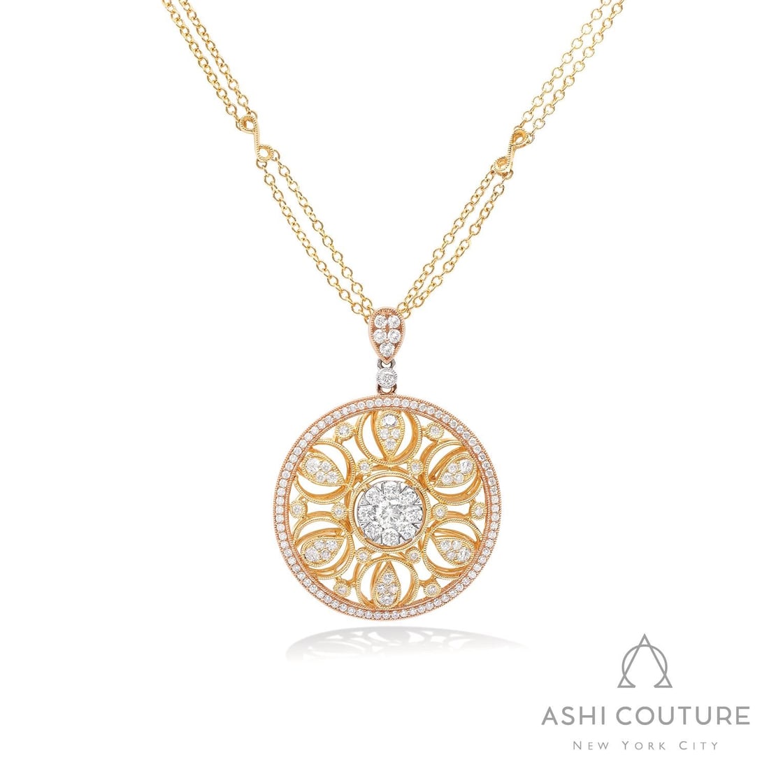 1.98 ctw White Diamond 18K Tri-Color Gold Pendant: Exuding opulence and grace, this breathtaking Cluster pendant featuring White Diamond is crafted for the distinguished. Showcasing the gems in a Halo arrangement, the pendant consists of 16.7 grams of