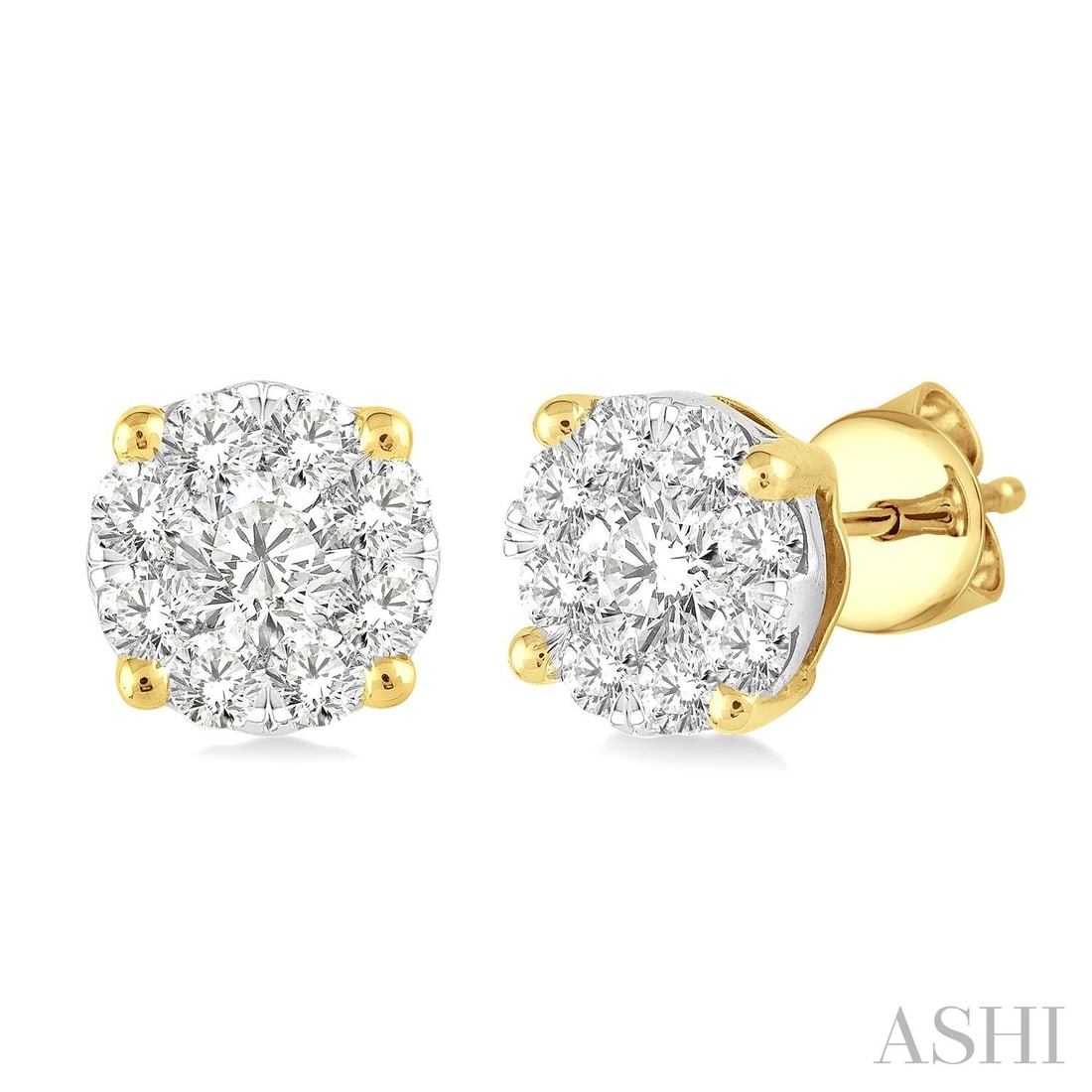1.04 ctw Cluster Round Diamond Stud Earrings 14K Yellow & White Gold: Captured in a moment of brilliance, this stunning Cluster pair of earrings featuring White Diamond speaks to the connoisseur. Expertly mounted in a Cluster setting, the earrings are crafted in 2.75 gr