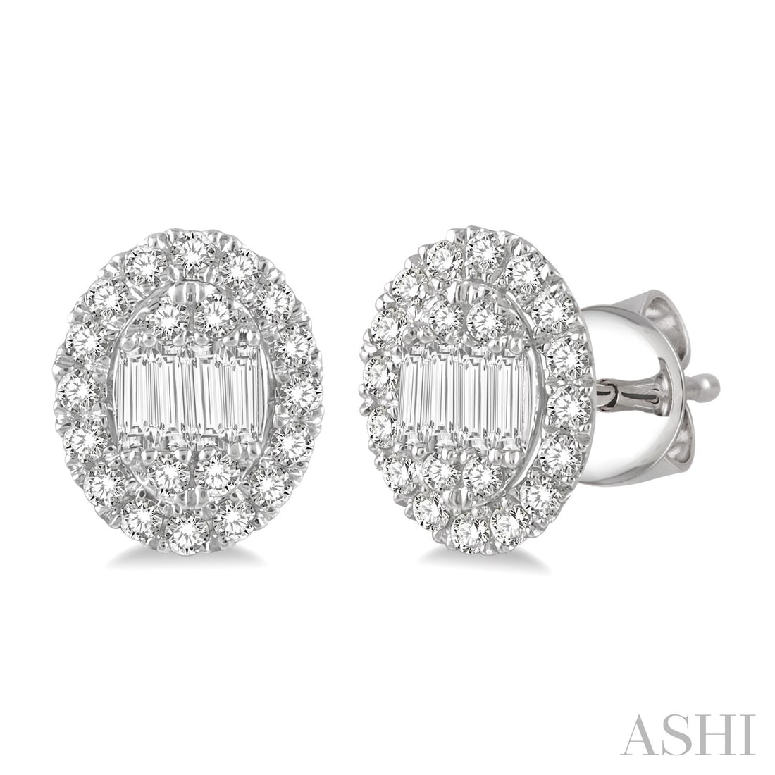 0.52 ctw Baguette and Round Diamond Stud Earrings 14K White Gold: Defining modern elegance, this stunning Oval Mount pair of earrings featuring White Diamond captures the essence of style. Securely held in a classic Halo design, the earrings are forged from 1.55 gra