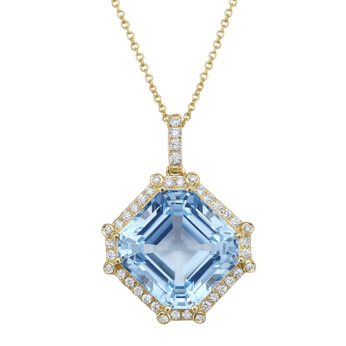 14K Yellow Gold Blue Topaz Pendant Necklace with Diamonds: Exquisite and captivating, this pendant necklace features a stunning Blue Topaz as its centerpiece. The pendant is meticulously crafted in 14K Yellow Gold, showcasing a Modern design. Surrounding the 