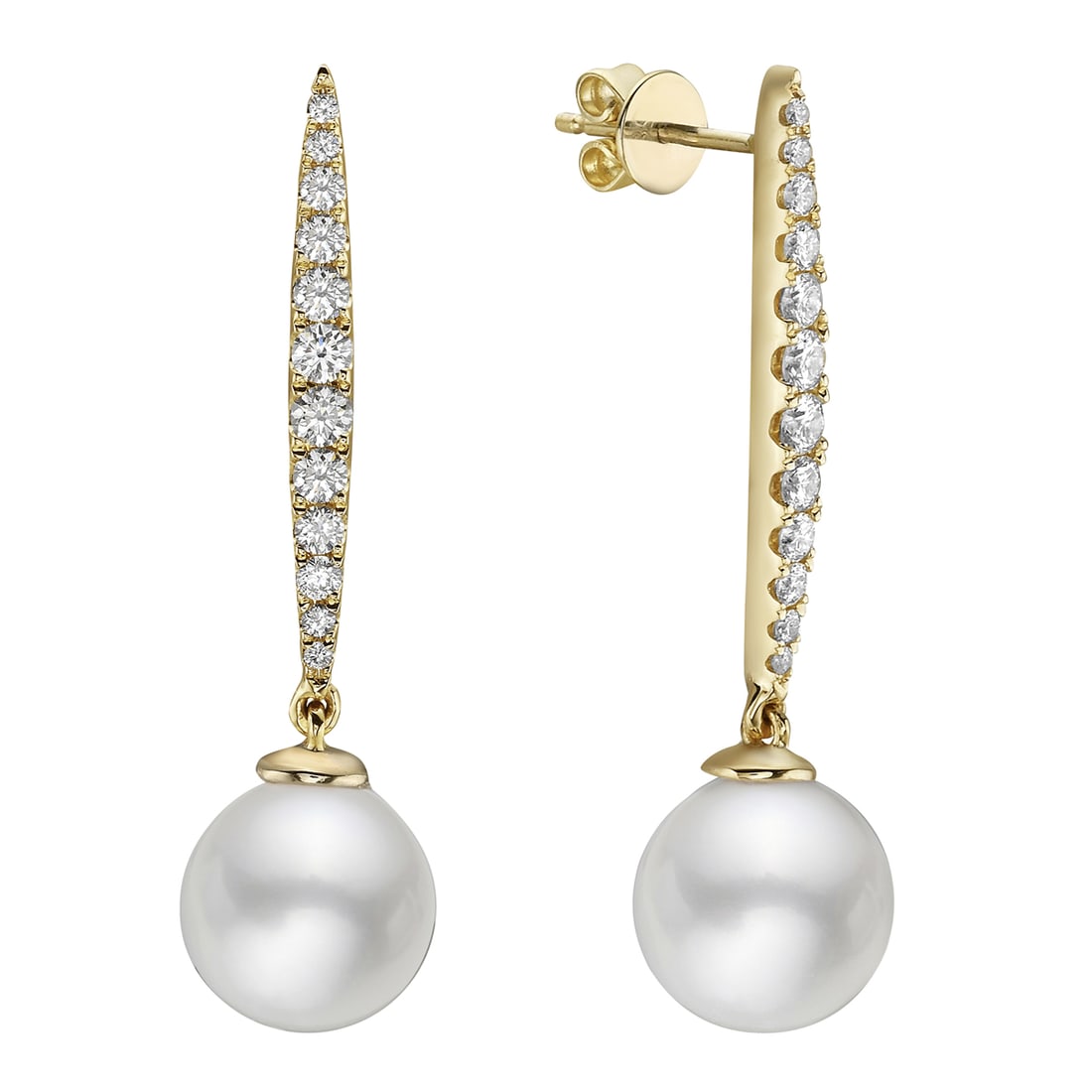14k Yellow Gold Earrings with Freshwater Pearls and Diamonds: Elegant and refined, this exquisite pair of earrings features lustrous Freshwater Pearls and shimmering Diamonds. The Diamonds, with a total carat weight of 0.52, are set in a sleek line, showcasing t
