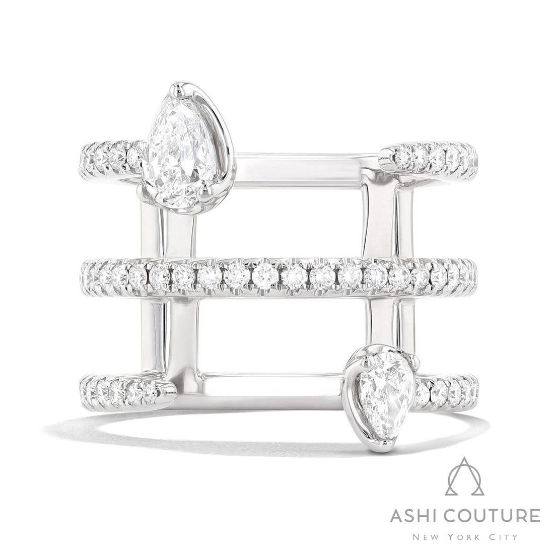 1.14 ctw Floating Diamond 3-Row Paradox 18K White Gold Ring: A vision of luxury, this magnificent 3-Row Floating ring featuring White Diamond defines sophistication. The gemstones are nestled within a Floating Setting framework, supported by a substantial 9.35 