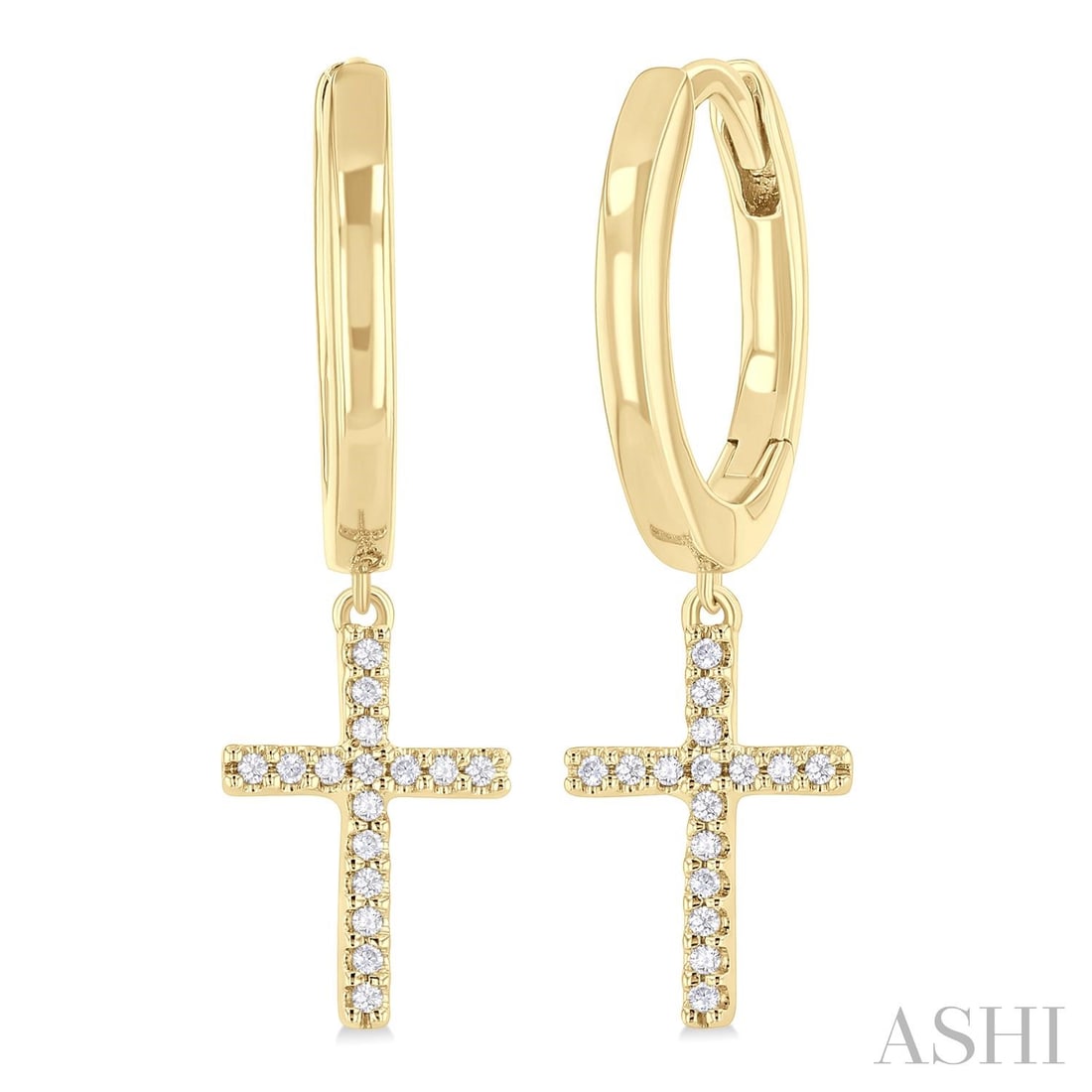Petite Cross 0.10 ctw Diamond 10K Yellow Gold Huggies Earrings: Captured in a moment of brilliance, this elegant Cross pair of earrings featuring Natural Diamonds speaks to the connoisseur. Securely held in a classic Drop/Dangle design, the earrings are forged fro