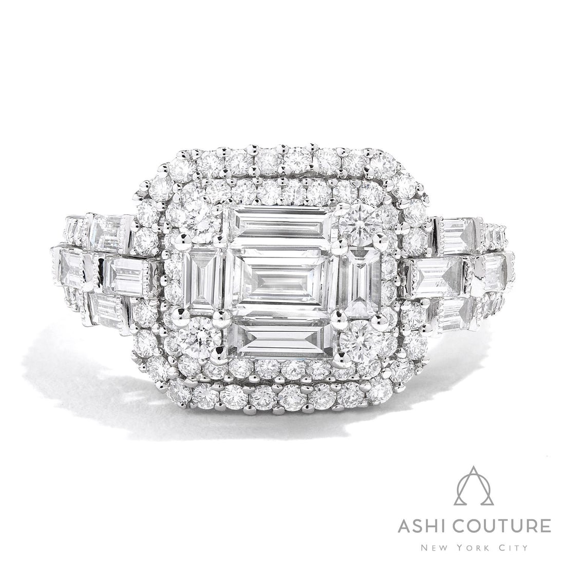 1.75 ctw Baguette & Round Diamond Cocktail Ring 18K White Gold: An exquisite masterpiece of haute joaillerie, this stunning Empress Baguette ring featuring Natural Diamonds is a true treasure. A detailed Cluster gallery secures the stones, rendered in 6.55 grams o